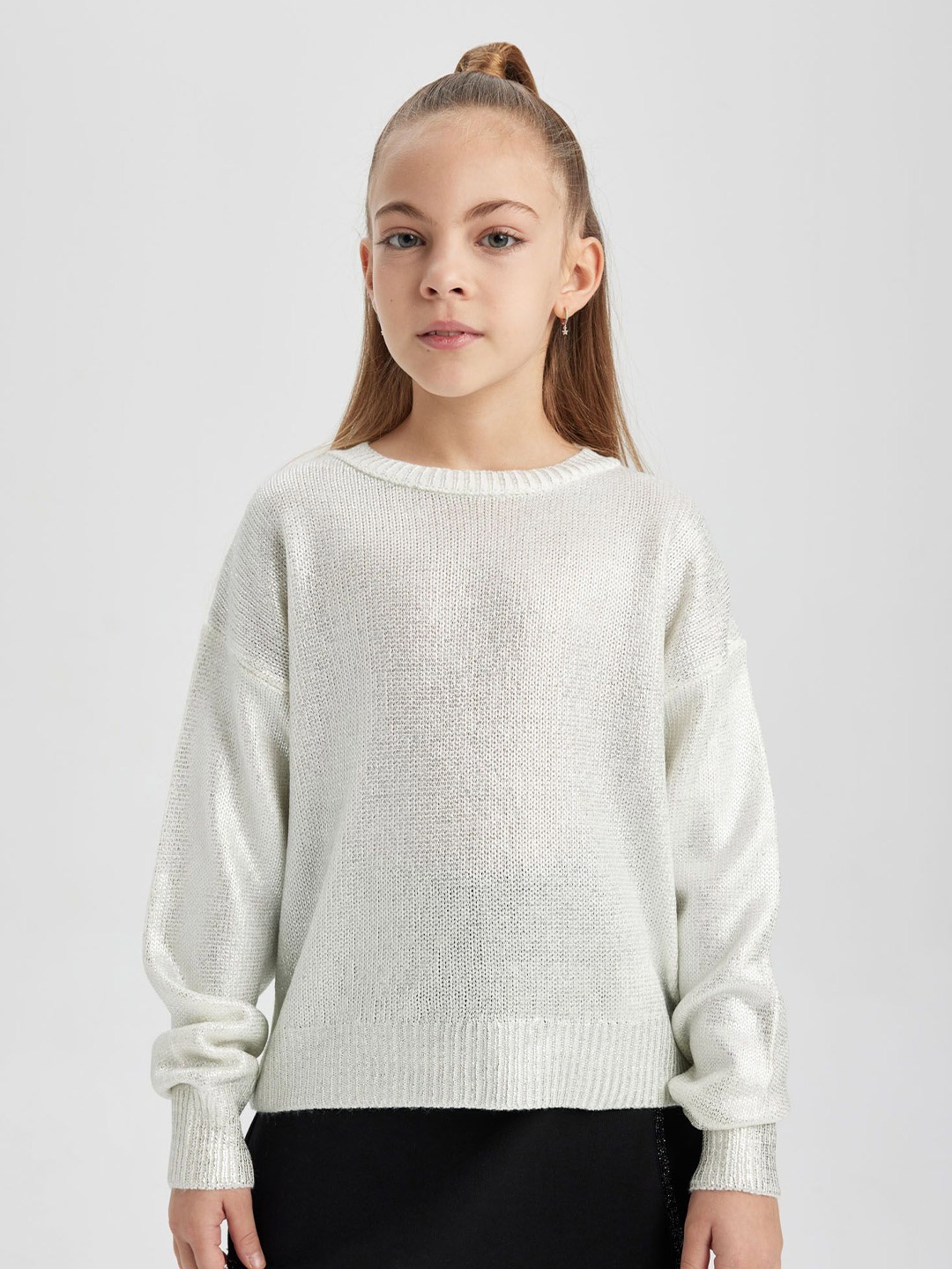 

DeFacto Girls Self Design Pullover Sweater, Grey