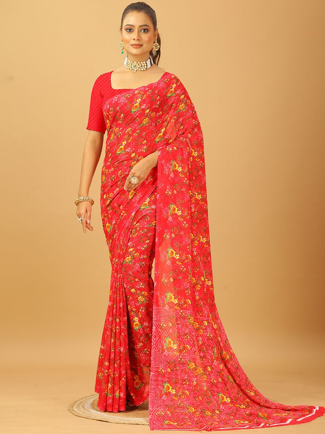 

A.V.M. SILK MILLS Floral Printed Pure Georgette Saree, Red