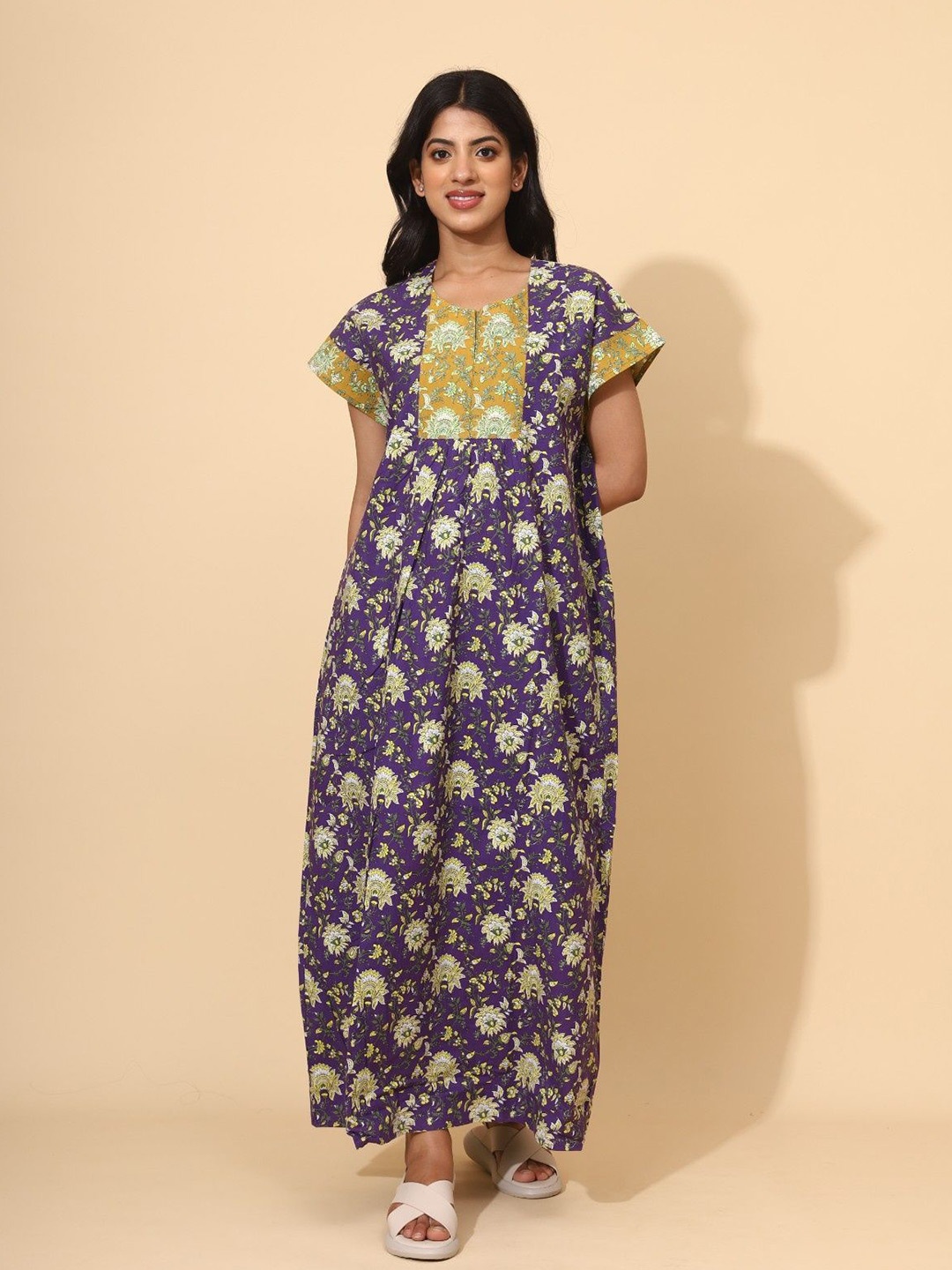 

YELLOW BLOOM Women Printed Pure Cotton Maxi Nightdress, Purple