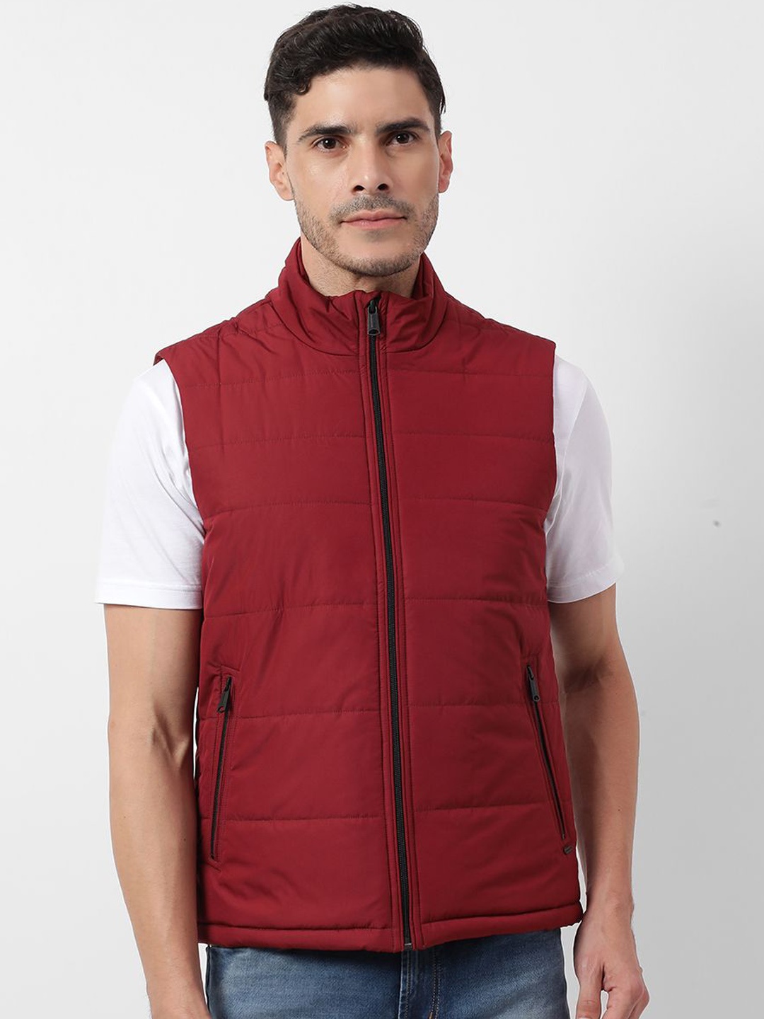 

Numero Uno Men Mock Collar Solid Casual Gilet Jacket, Maroon