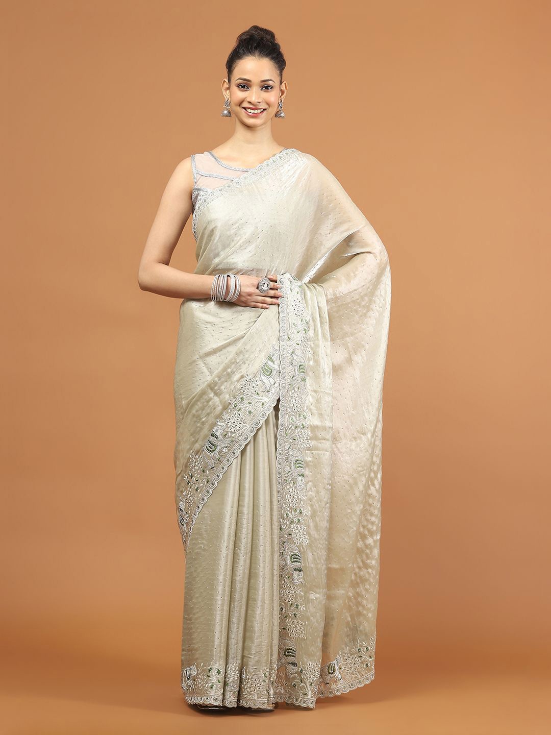 

Meena Bazaar Embellished Beads and Stones Organza Saree, Green