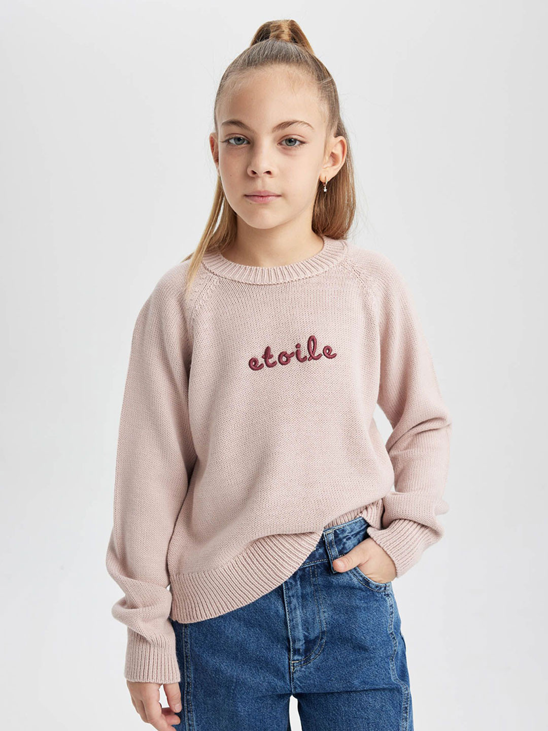 

DeFacto Girls Typography Embroidered Pullover, Pink