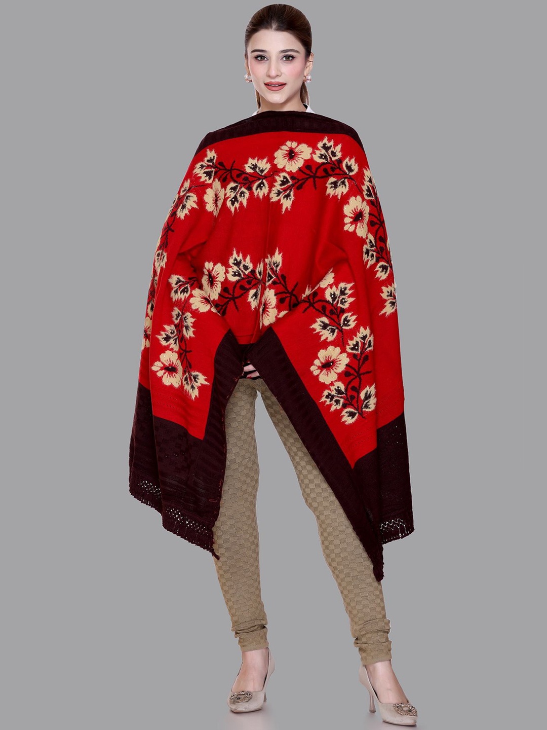 

Tones-N-Shades Floral Woven Design Woollen Shawl, Red