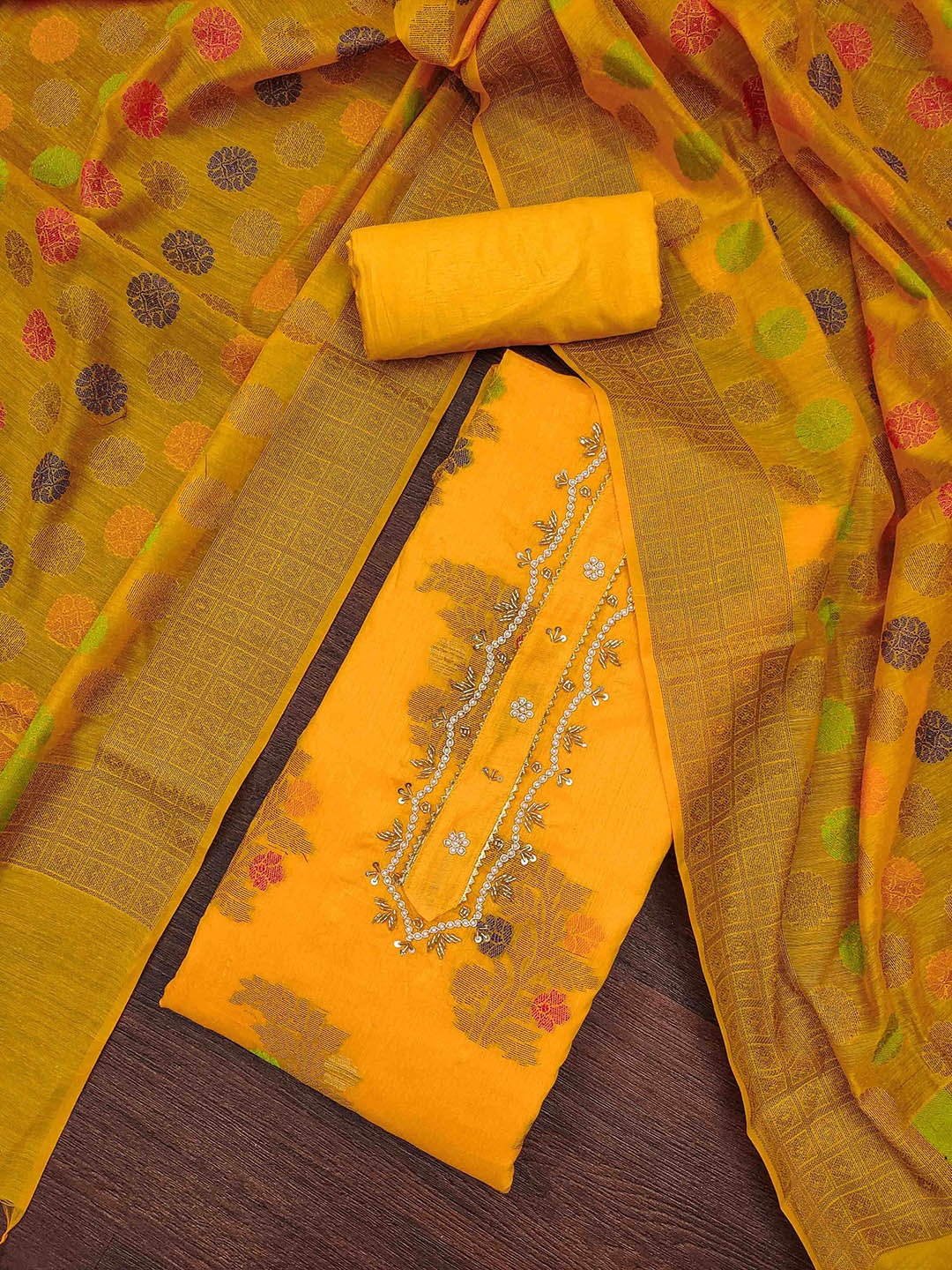 

KIMISHA Floral Woven Design Beads And Stones Unstitched Dress Material, Yellow