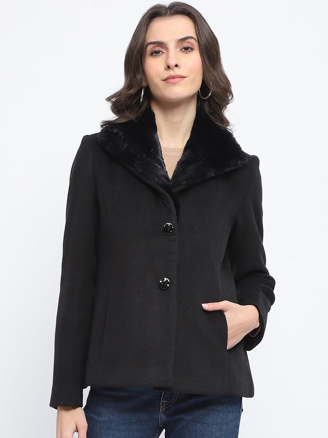 

Madame Women Single-Breasted Short Overcoat, Black