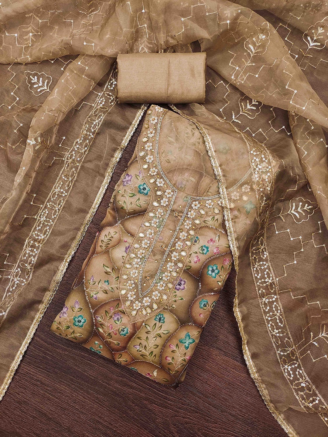

KIMISHA Floral Embroidered Beads And Stones Unstitched Dress Material, Brown