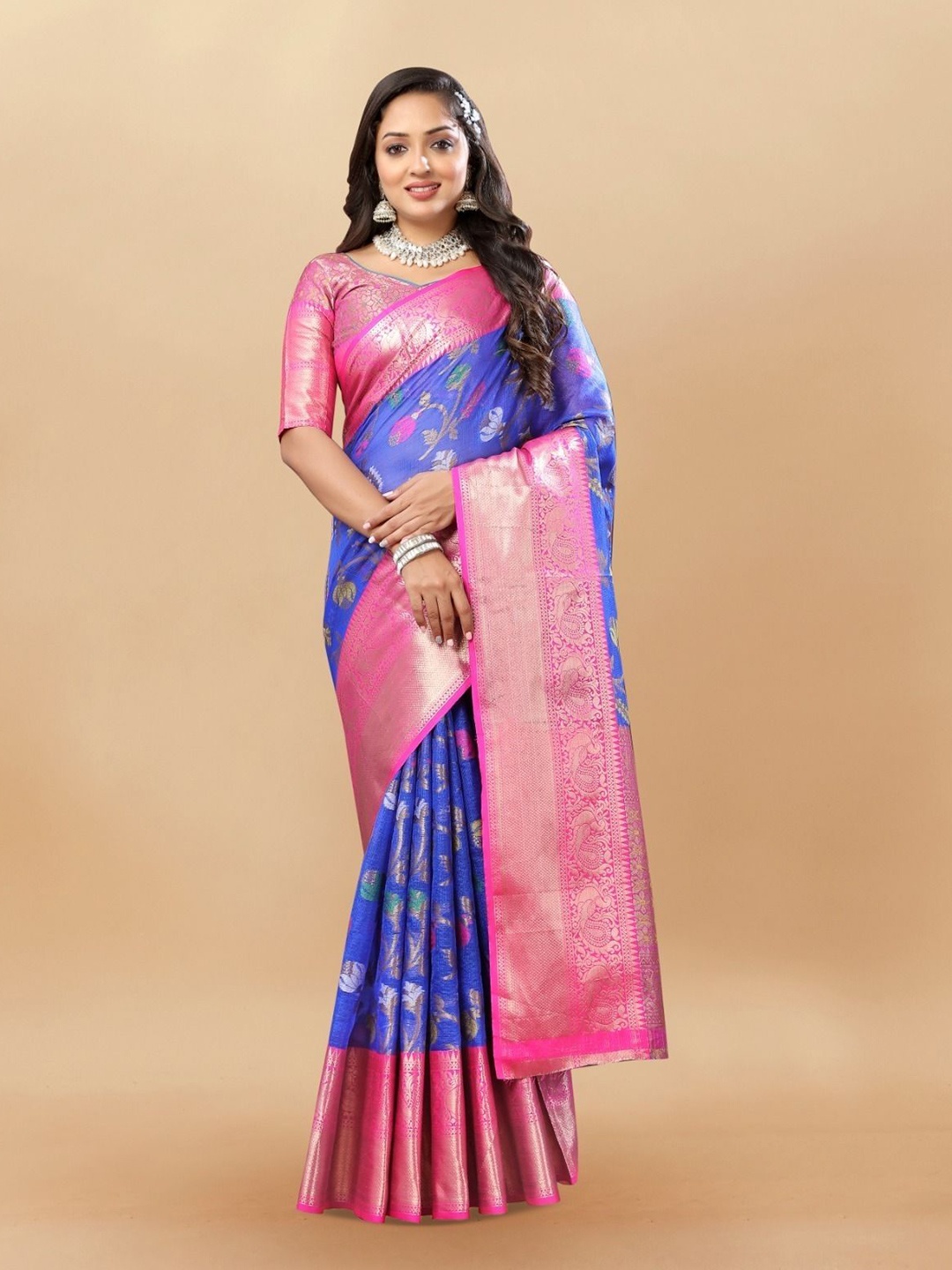

bansari textiles Woven Design Zari Paithani Saree, Blue