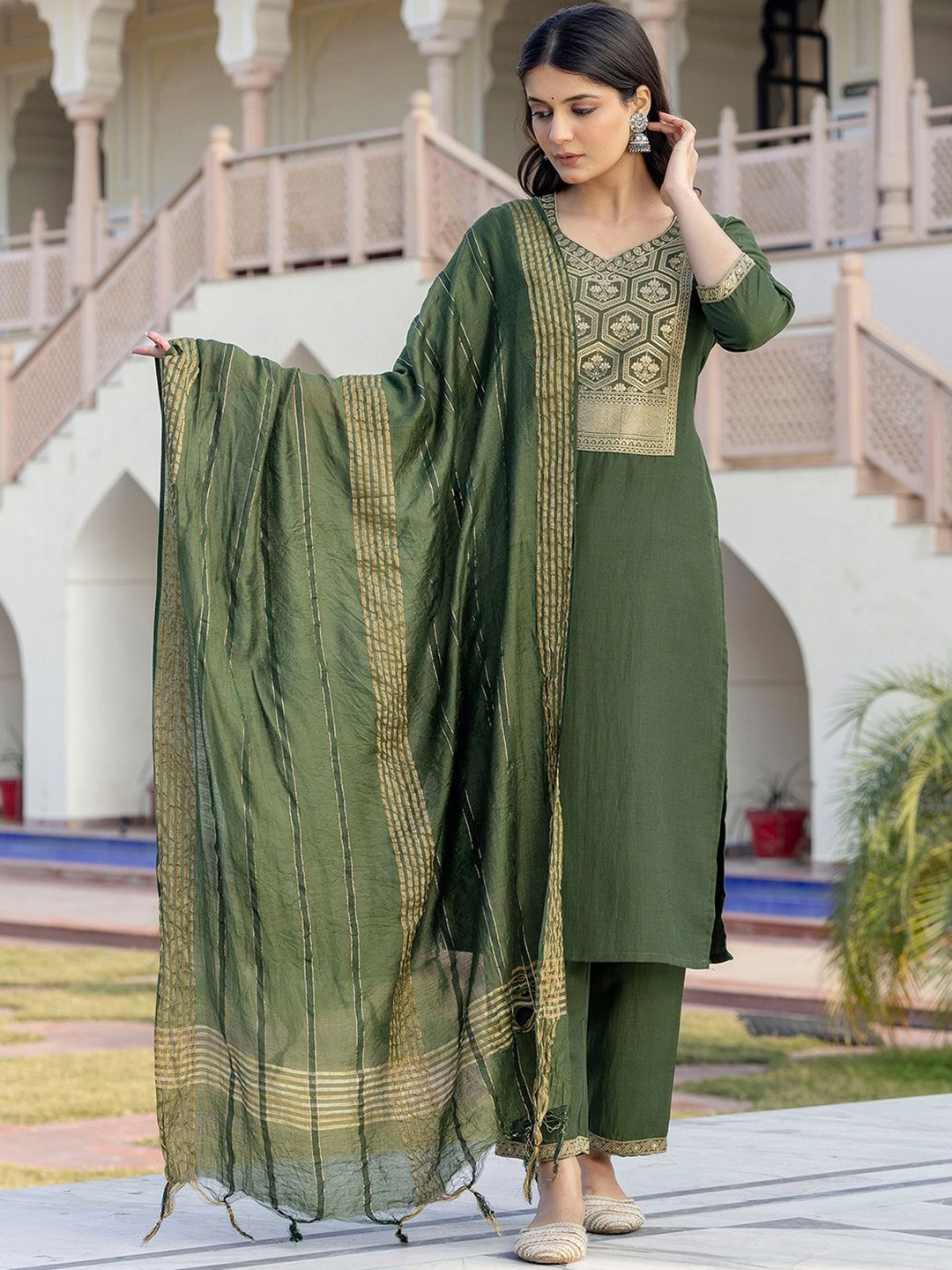 

KALINI Ethnic Motifs Yoke Design Sweetheart Neck Chinon Kurta With Trousers And Dupatta, Green