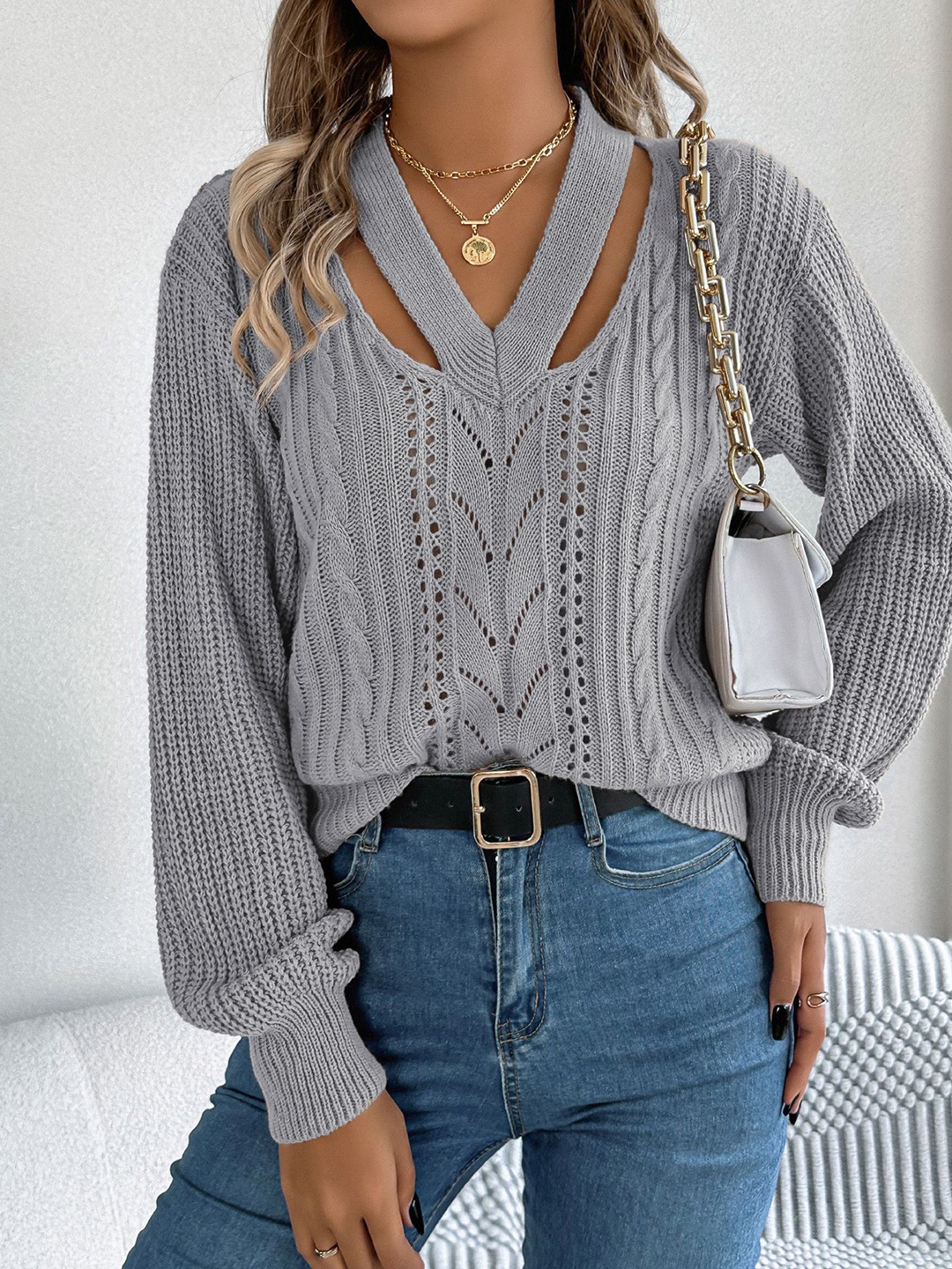 

StyleCast x Revolte Women Cable Knit Pullover, Grey