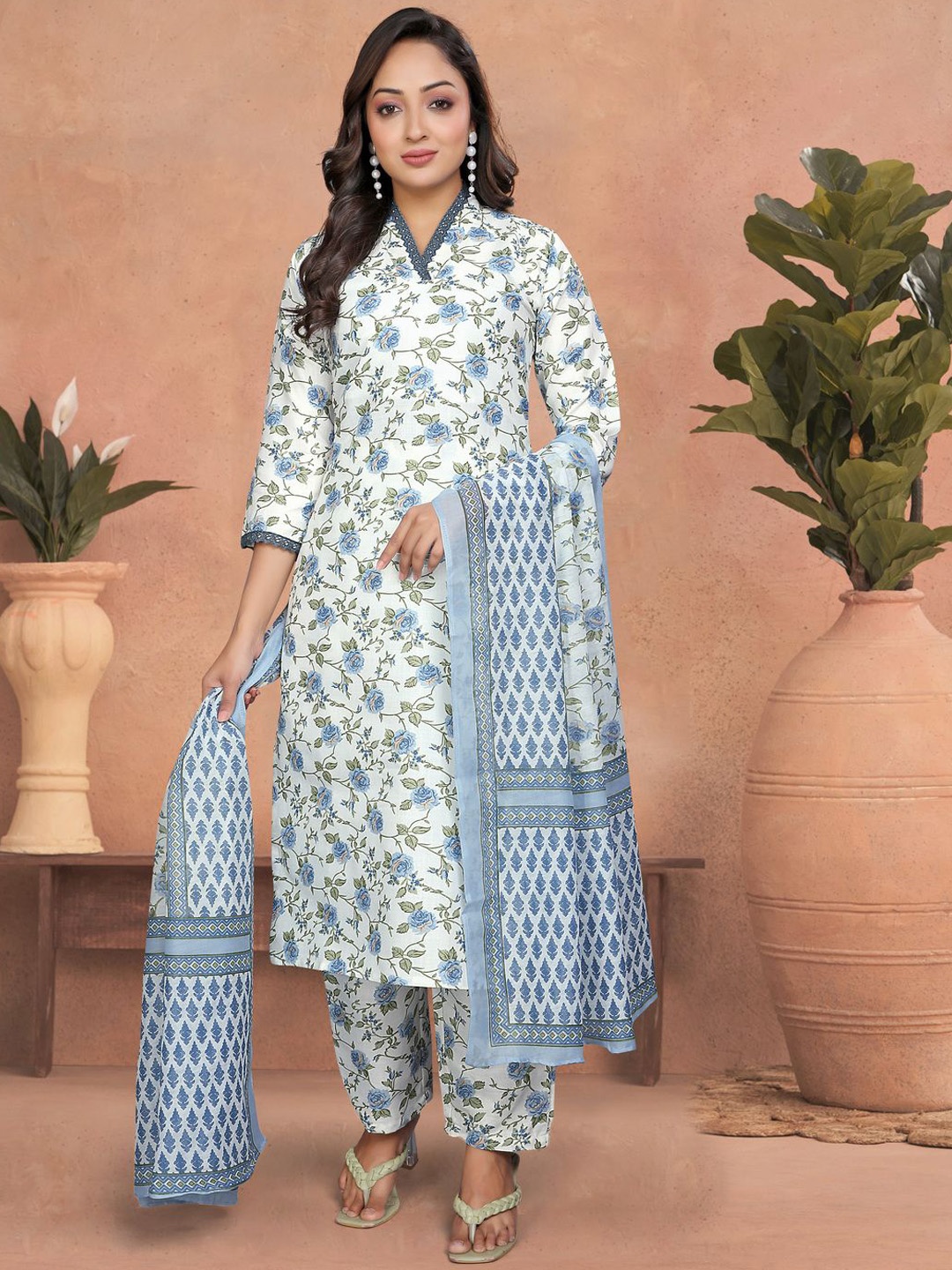 

KALINI Floral Printed V-Neck Cotton Straight Kurta With Trousers And Dupatta, Turquoise blue