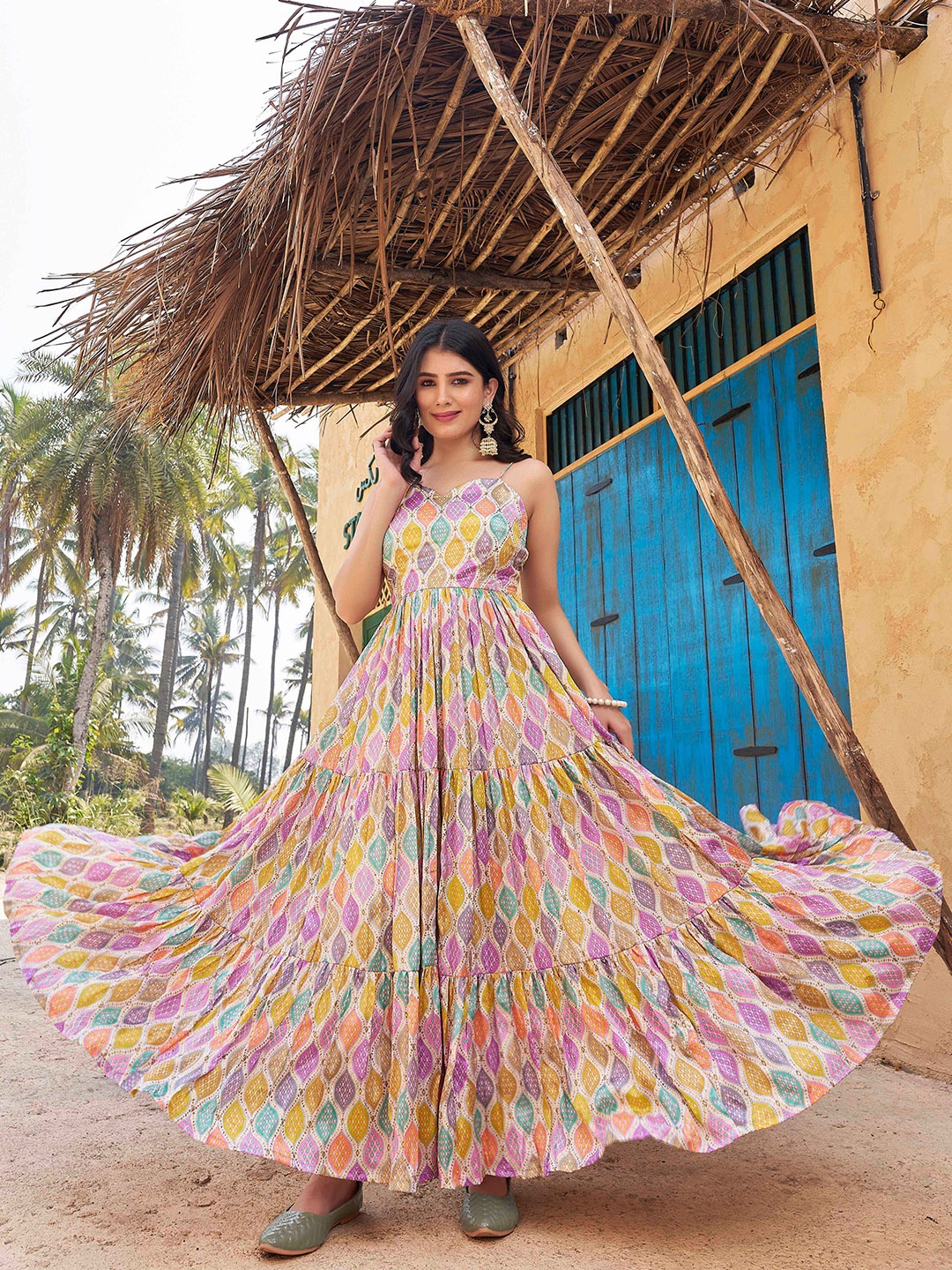

Chandbaali Women Ethnic Motifs Printed Fit & Flare Maxi Ethnic Dresses, Off white