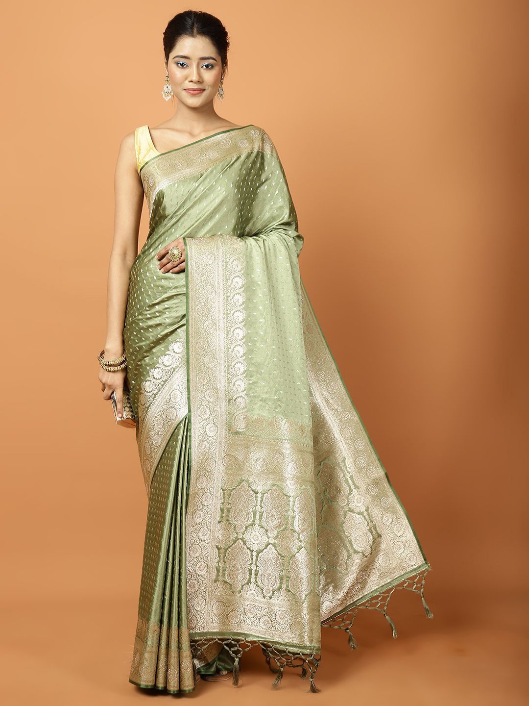 

Meena Bazaar Woven Design Zari Satin Saree, Green