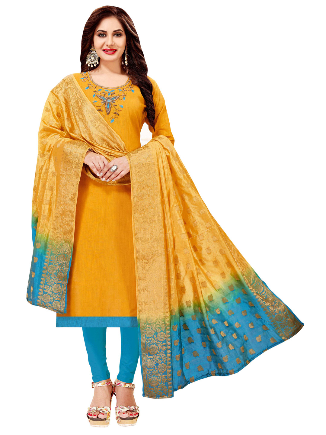 

HERE&NOW Floral Embroidered Unstitched Dress Material, Yellow