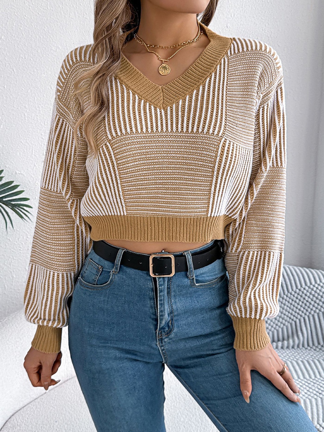 

StyleCast x Revolte Women Striped V-Neck Crop Pullover, Khaki