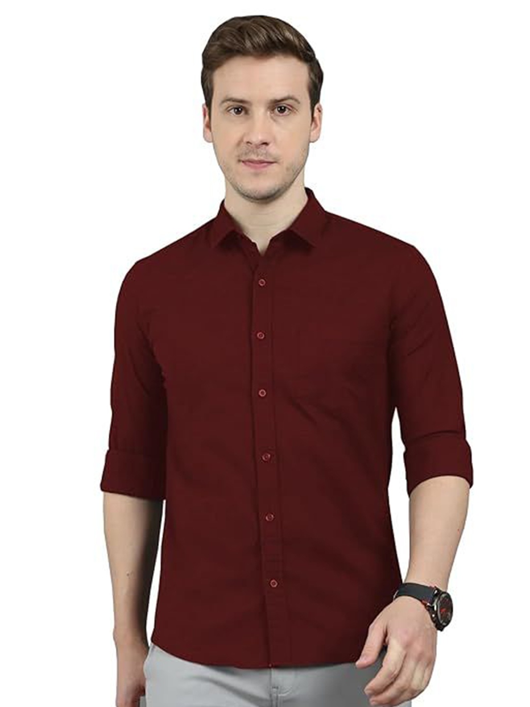 

BAESD Men Standard Slim Fit Opaque Casual Shirt, Maroon