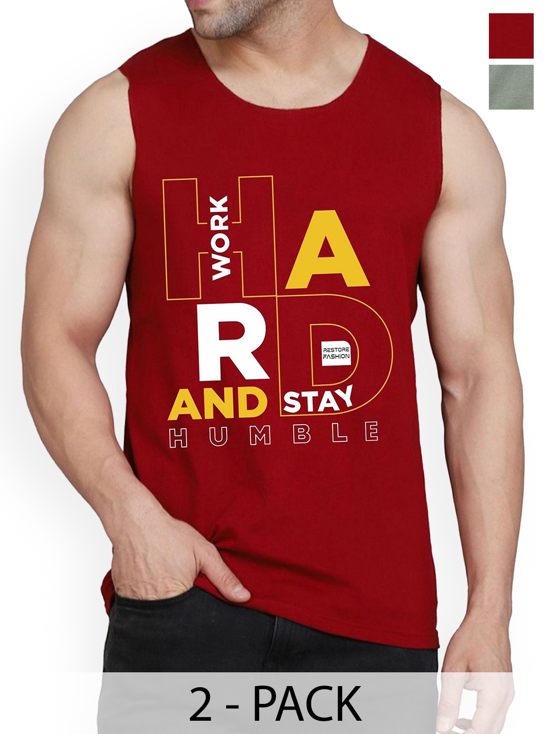 

Woostro Pack Of 2 Printed Cotton Gym Innerwear Vests, Maroon