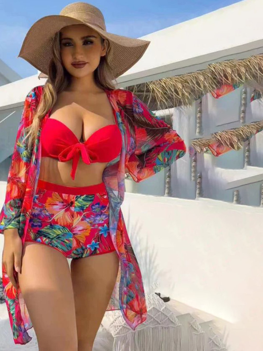 

Plus Curvves Women Tropical Printed Swimwear Coverup Set, Red