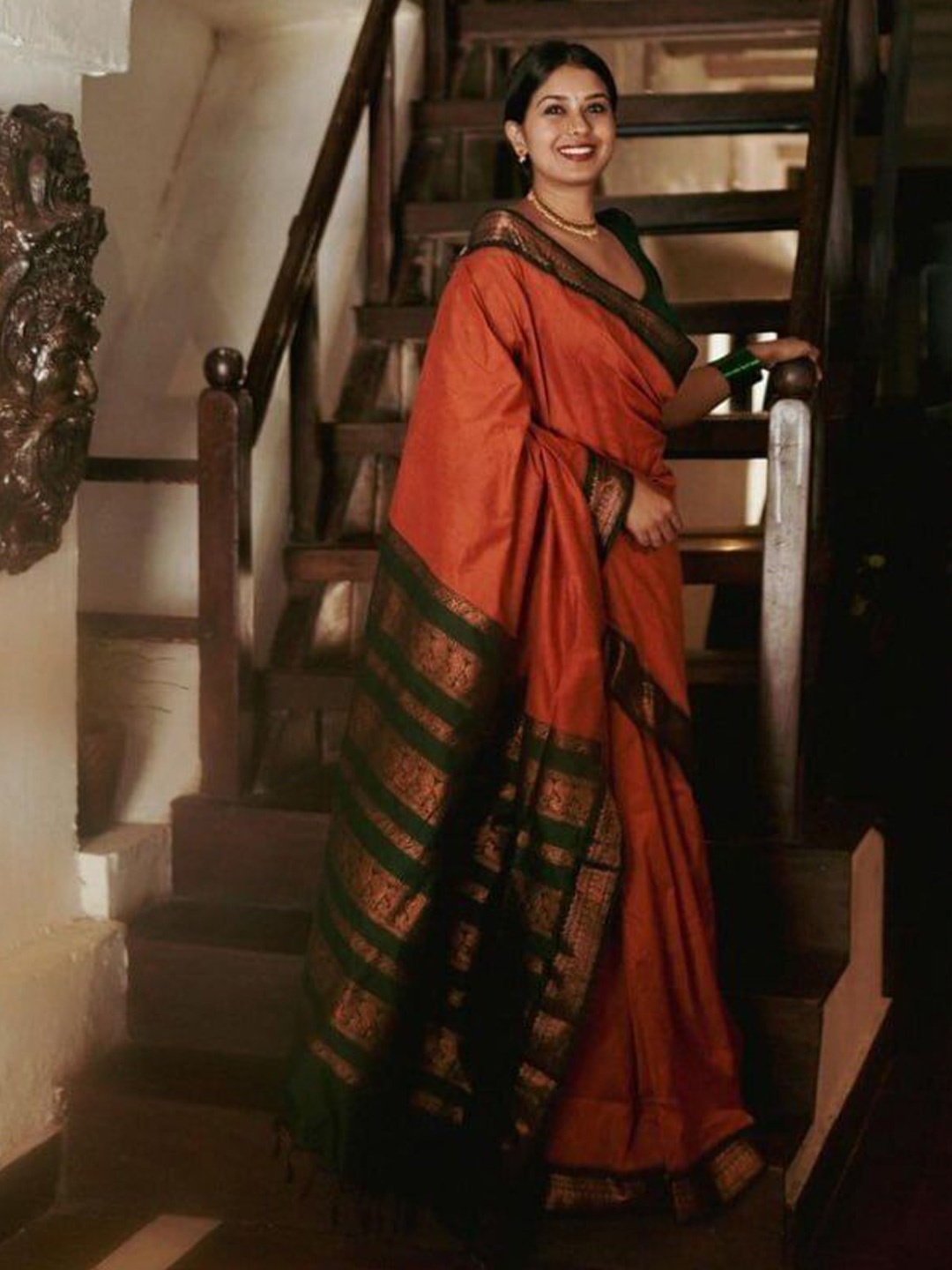 

bansari textiles Woven Design Zari Kota Saree, Orange