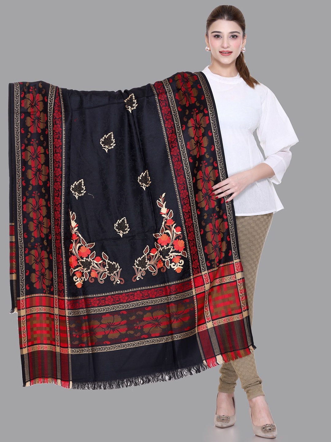 

Tones-N-Shades Ethnic Motifs Embroidered Shawl, Black