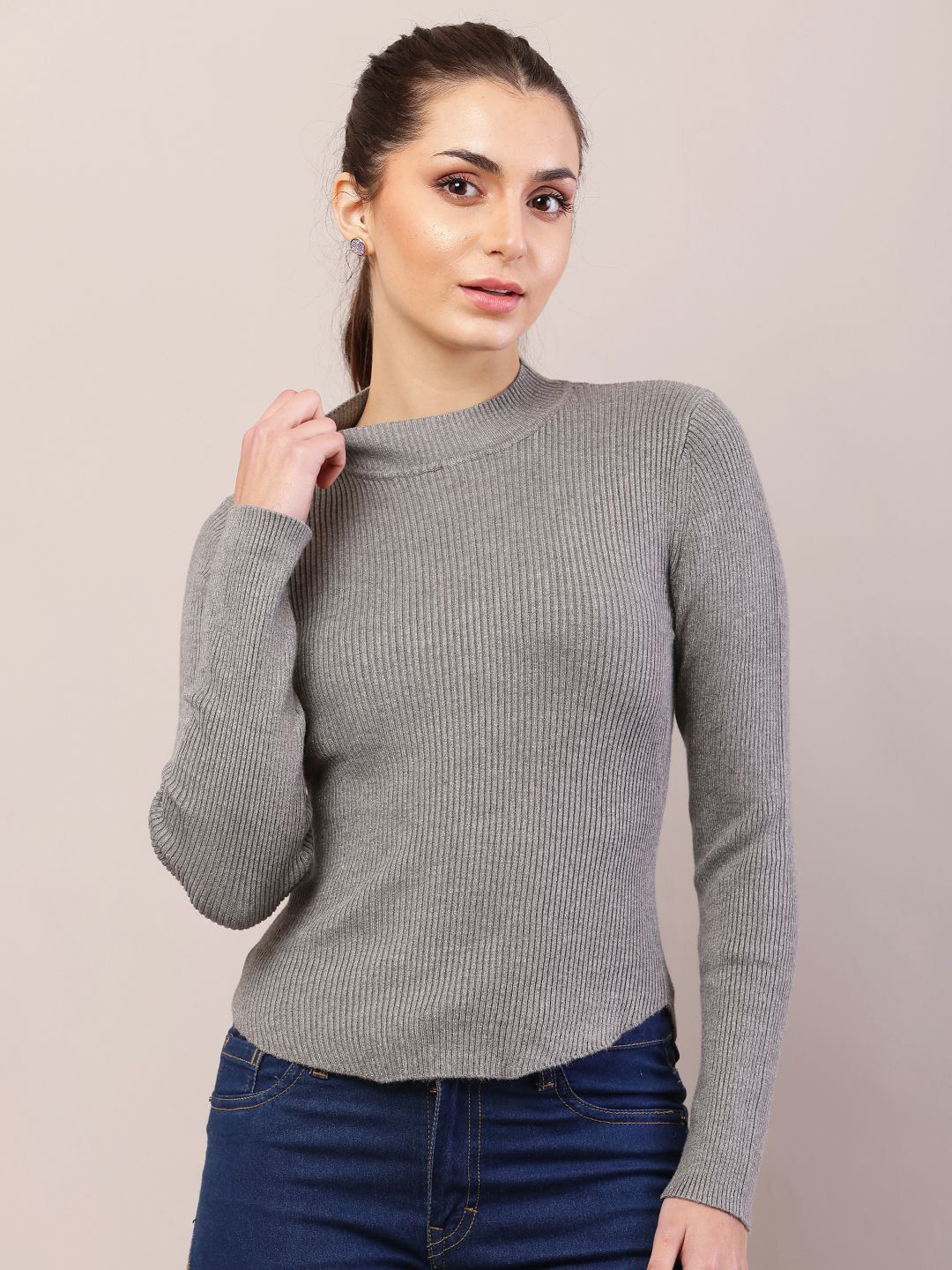 

NoBarr Women Ribbed High Neck Crop Pullover Sweater, Grey