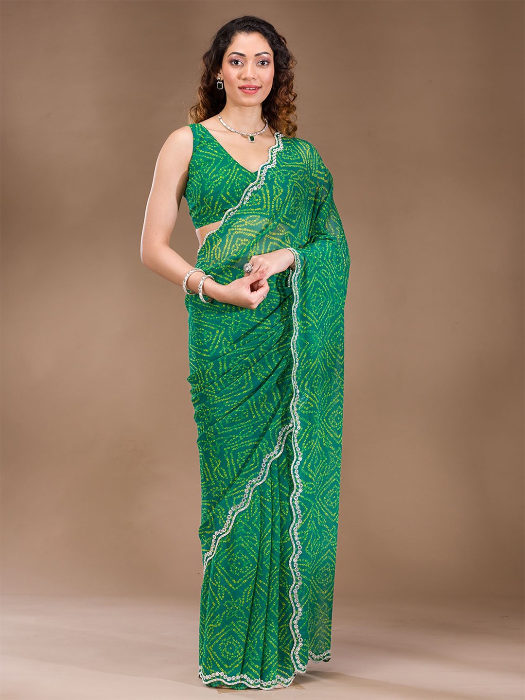 

Koskii Stonework Georgette Saree, Green