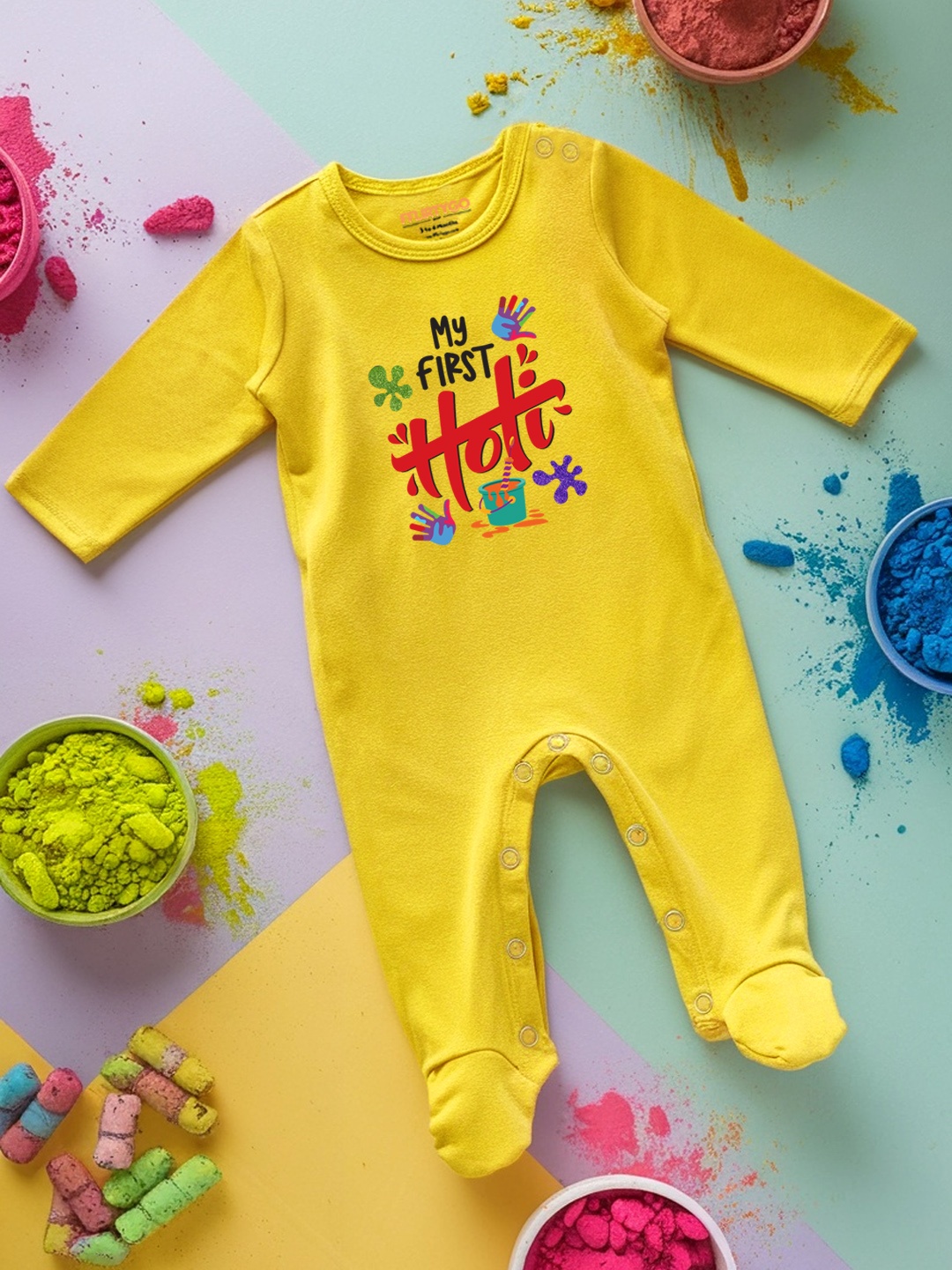 

FFLIRTYGO Infants Holi Printed Cotton Sleepsuit, Yellow