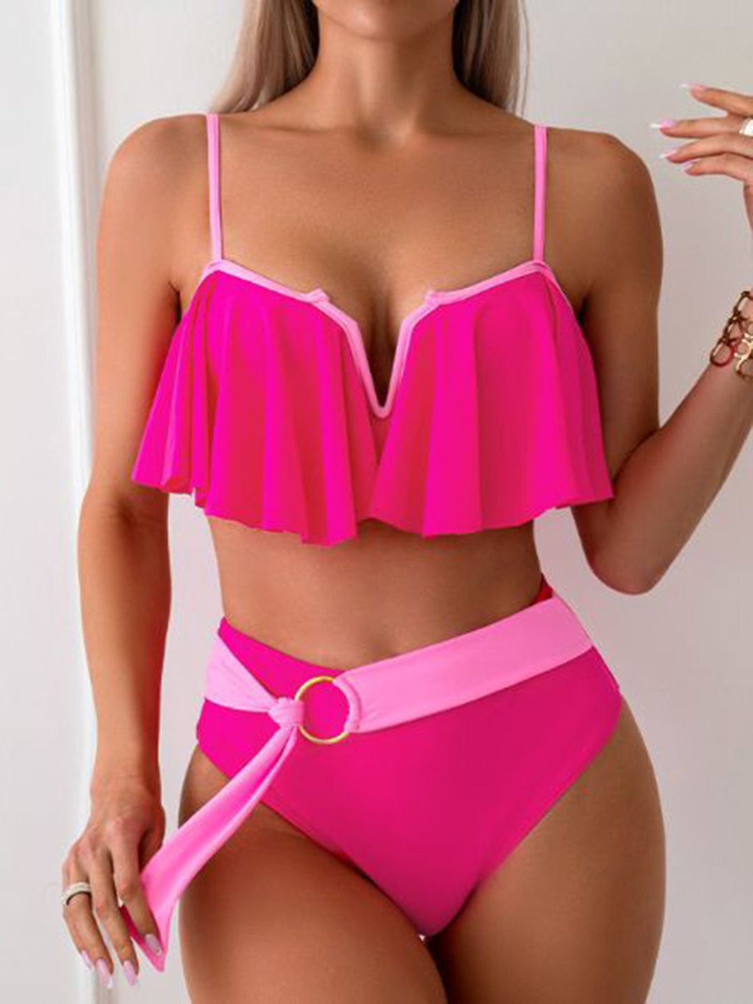 

Plus Curvves Women Shoulder Straps Swim Bikini Set, Pink
