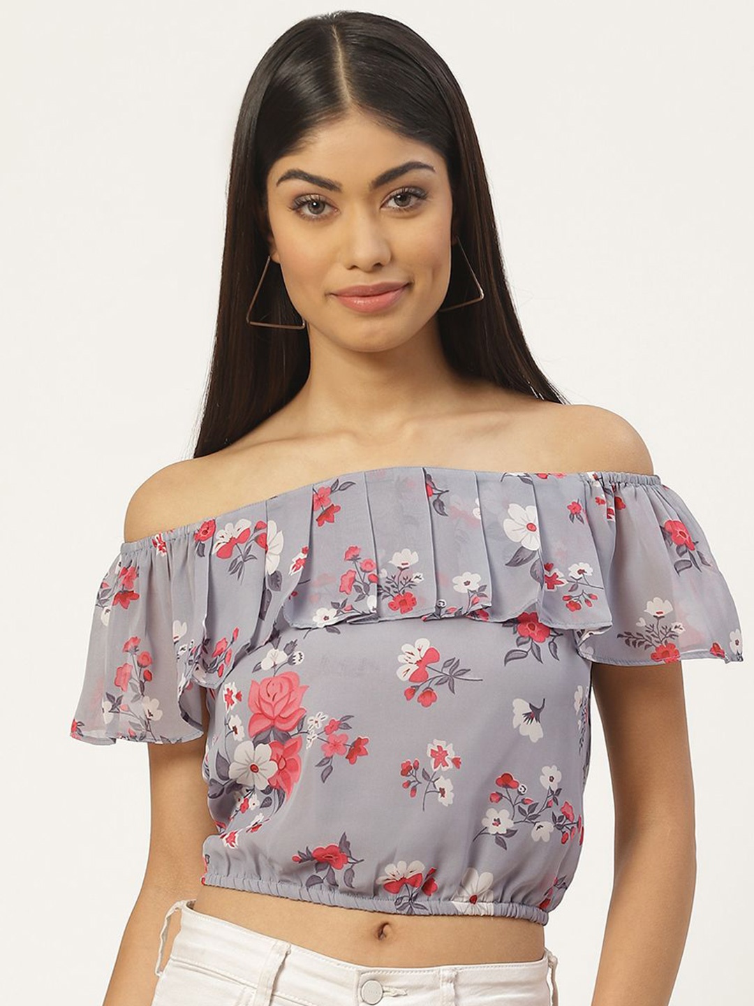 

Moda Rapido Floral Printed Georgette Bardot Crop Top, Grey