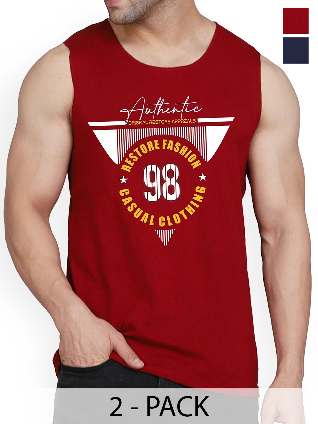 

WOOSTRO Pack Of 2 Printed Combed Cotton Gym Vest RS26 CMB (HARD NAVY) (98 MAROON), Navy blue