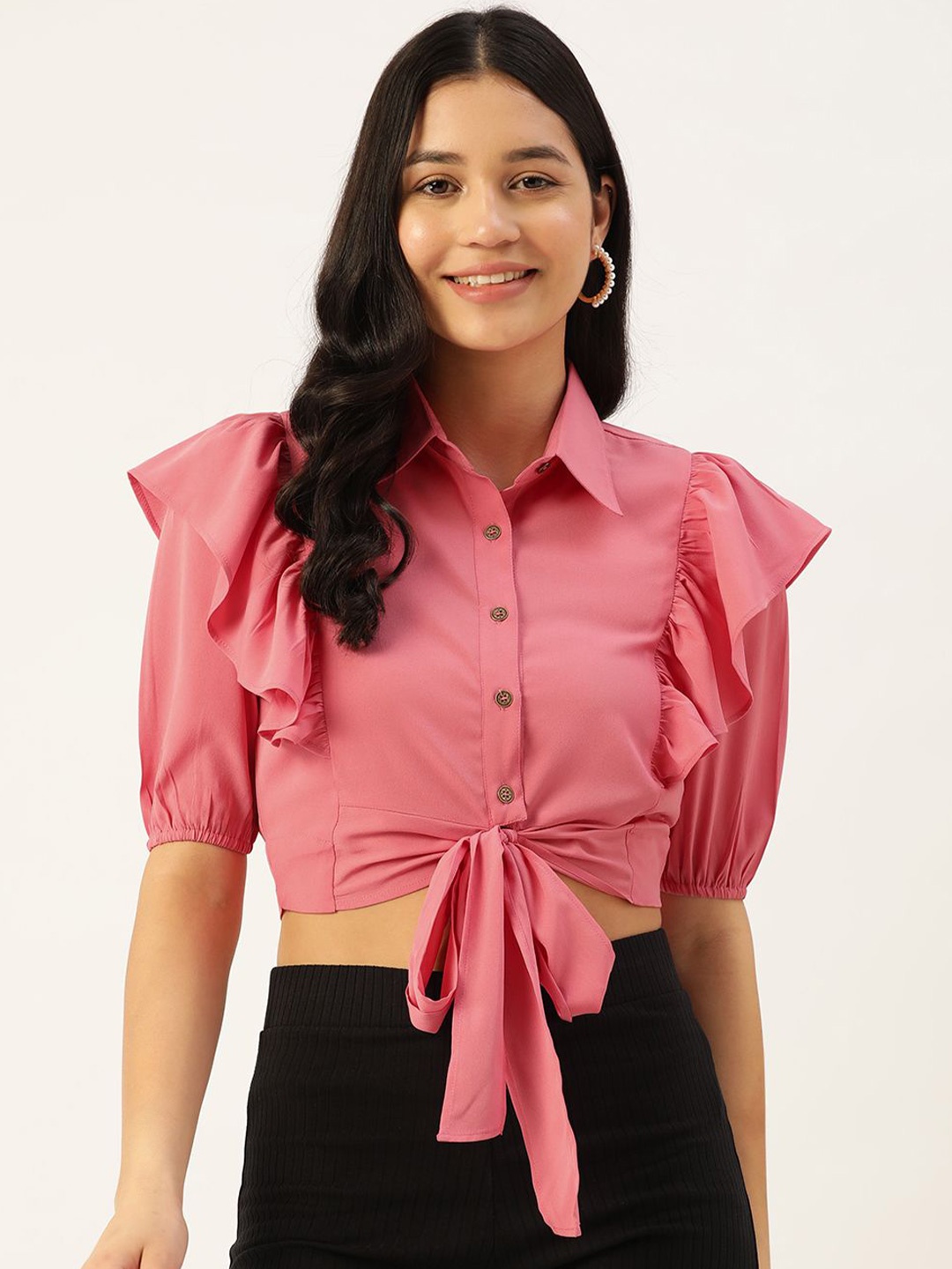 

Moda Rapido Women Puff Sleeve Ruffles Crepe Shirt Style Crop Top, Pink