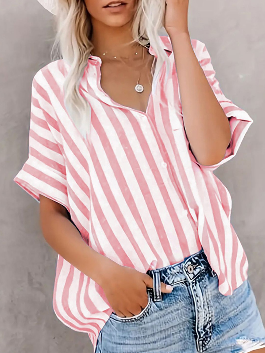 

StyleCast x Revolte Women Spread Collar Vertical Striped Casual Shirt, Pink