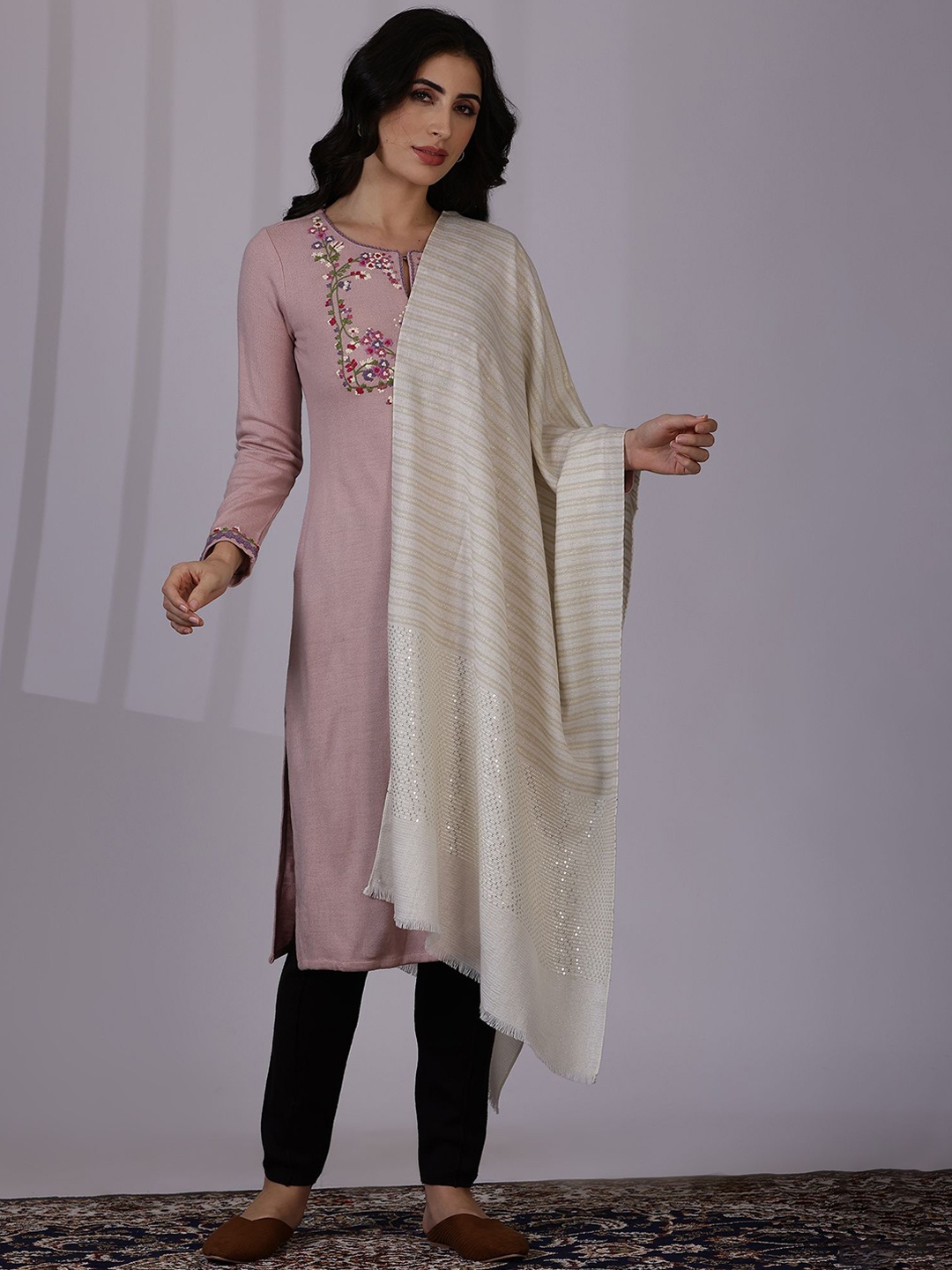 

W Women Striped Embroidered Acrylic Shawl, White