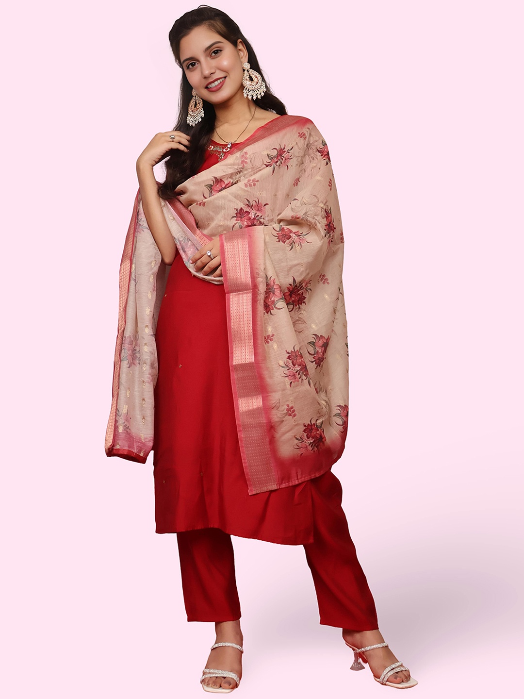 

Shreekama Floral Embroidered Round Neck Sequinned Straight Kurta With Trouser & Dupatta, Maroon