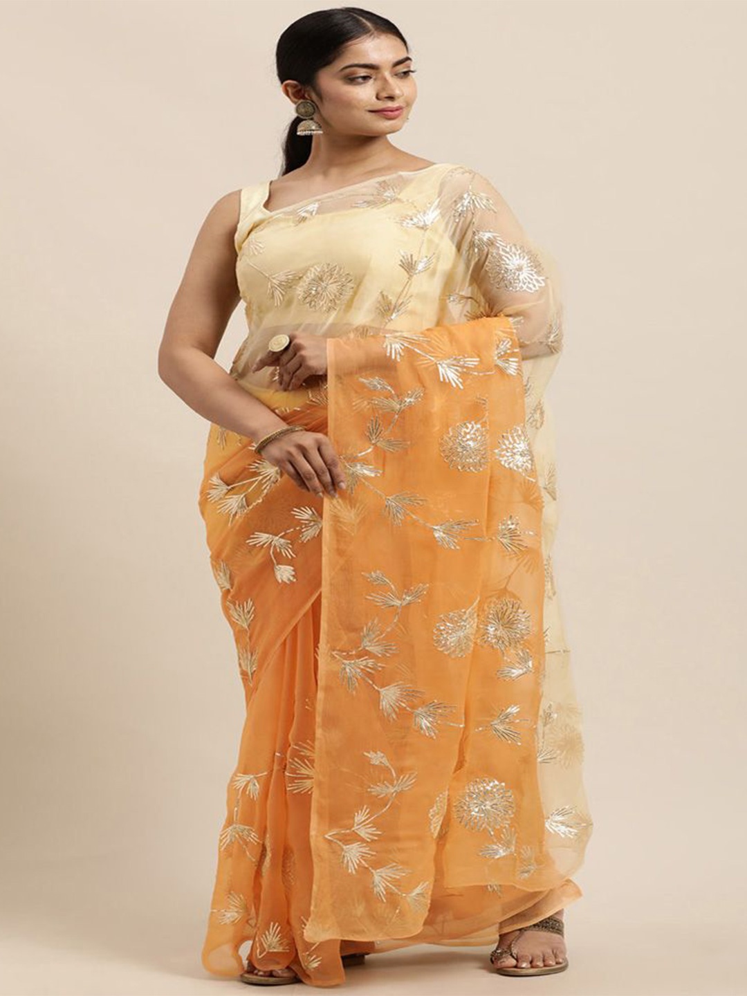 

Geroo Luxe Floral Pure Chiffon Ready to Wear Saree, Peach