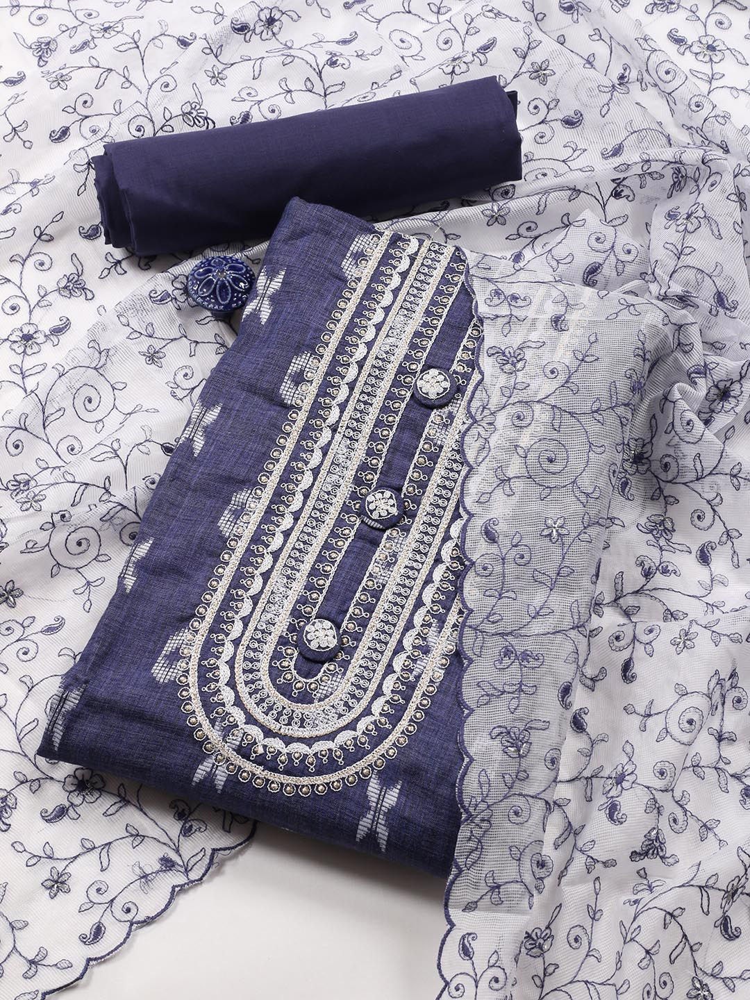 

Meena Bazaar Floral Woven Design Unstitched Dress Material, Blue