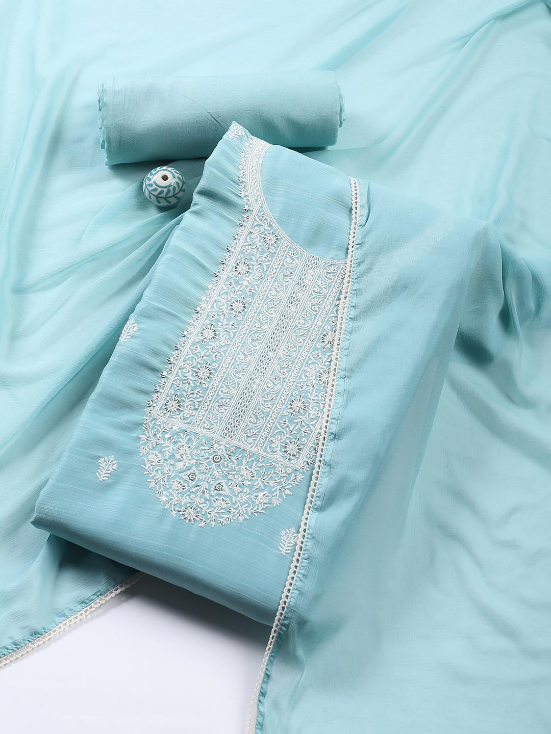 

Meena Bazaar Floral Embroidered Cotton Unstitched Dress Material, Blue