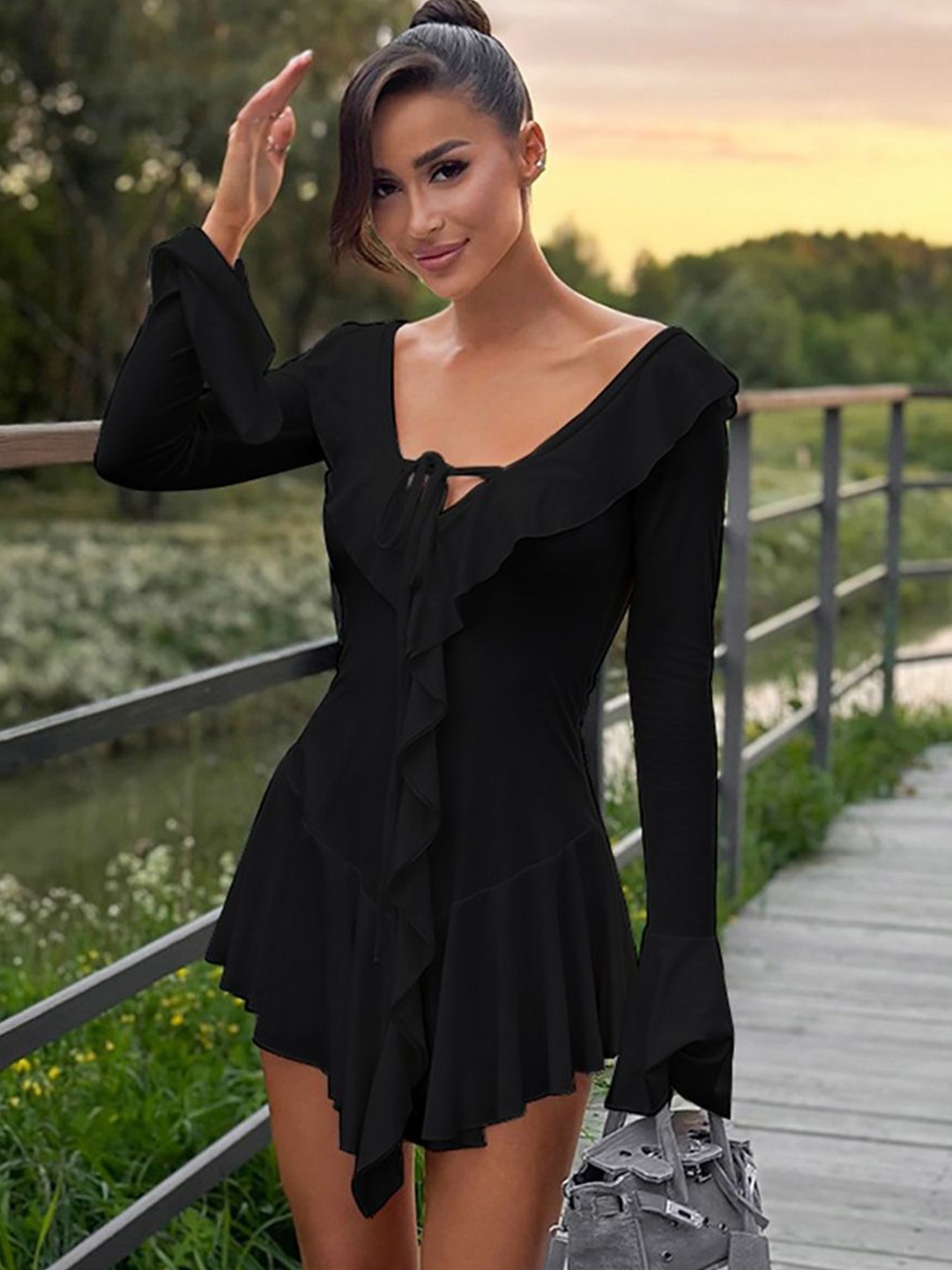 

StyleCast x Revolte Bell Sleeve Ruffled Fit & Flare Mini Dress, Black