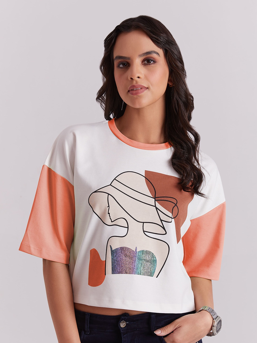 

BerryBird Baggy Loose Fit Drop Shoulder Round Neck Printed Cotton Oversized T-Shirts, White
