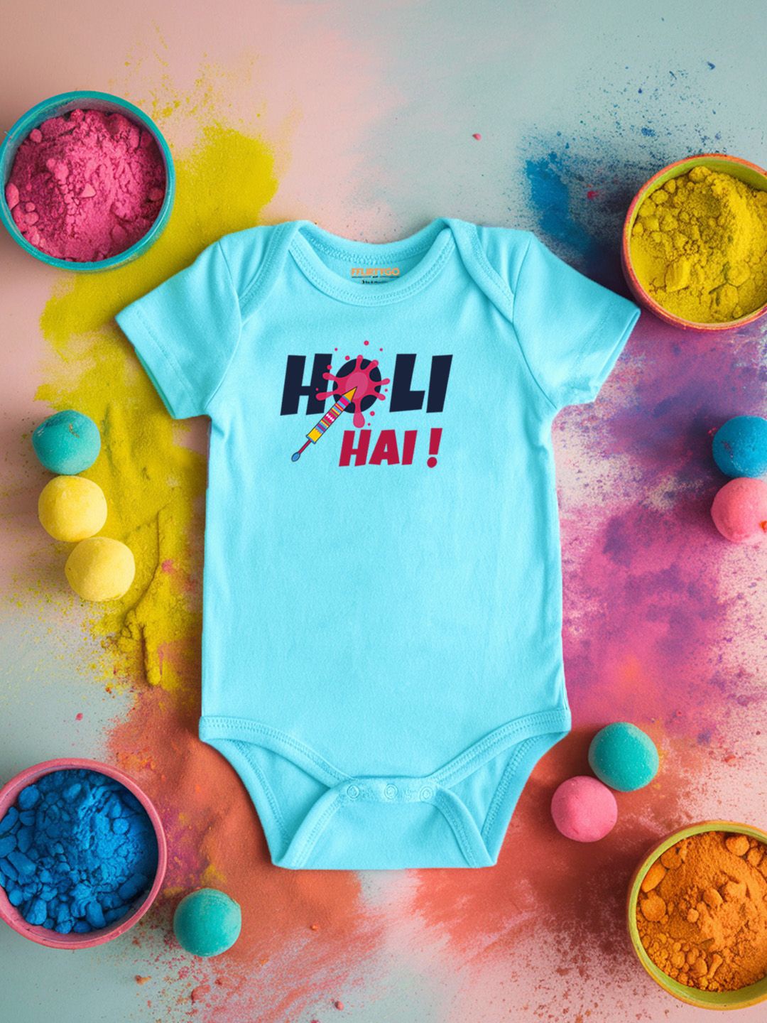 

FFLIRTYGO Infants Holi Printed Cotton Bodysuit, Turquoise blue