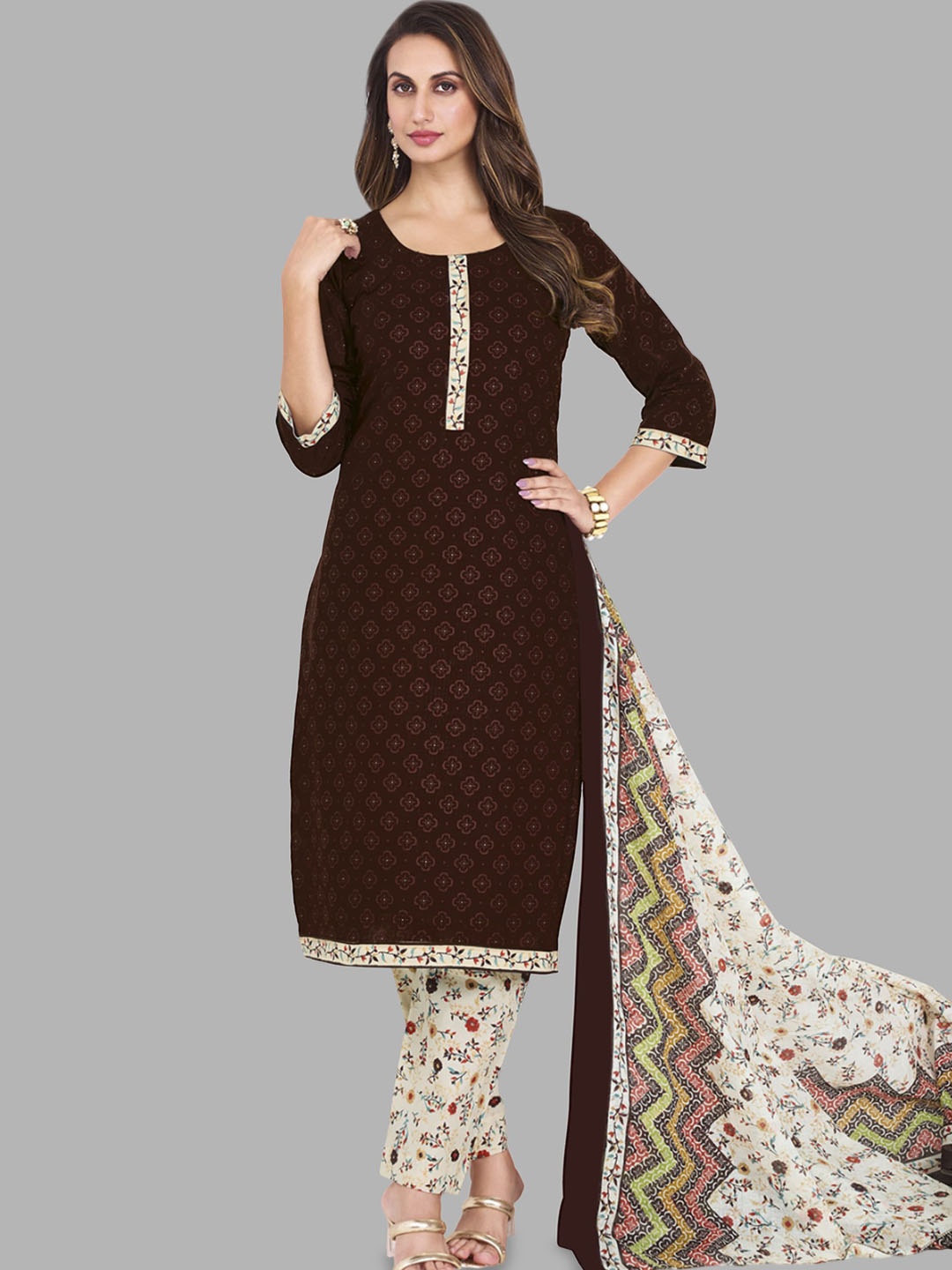 

Simmu Floral Printed Round Neck Pure Cotton Straight Kurta With Trouser & Dupatta, Brown