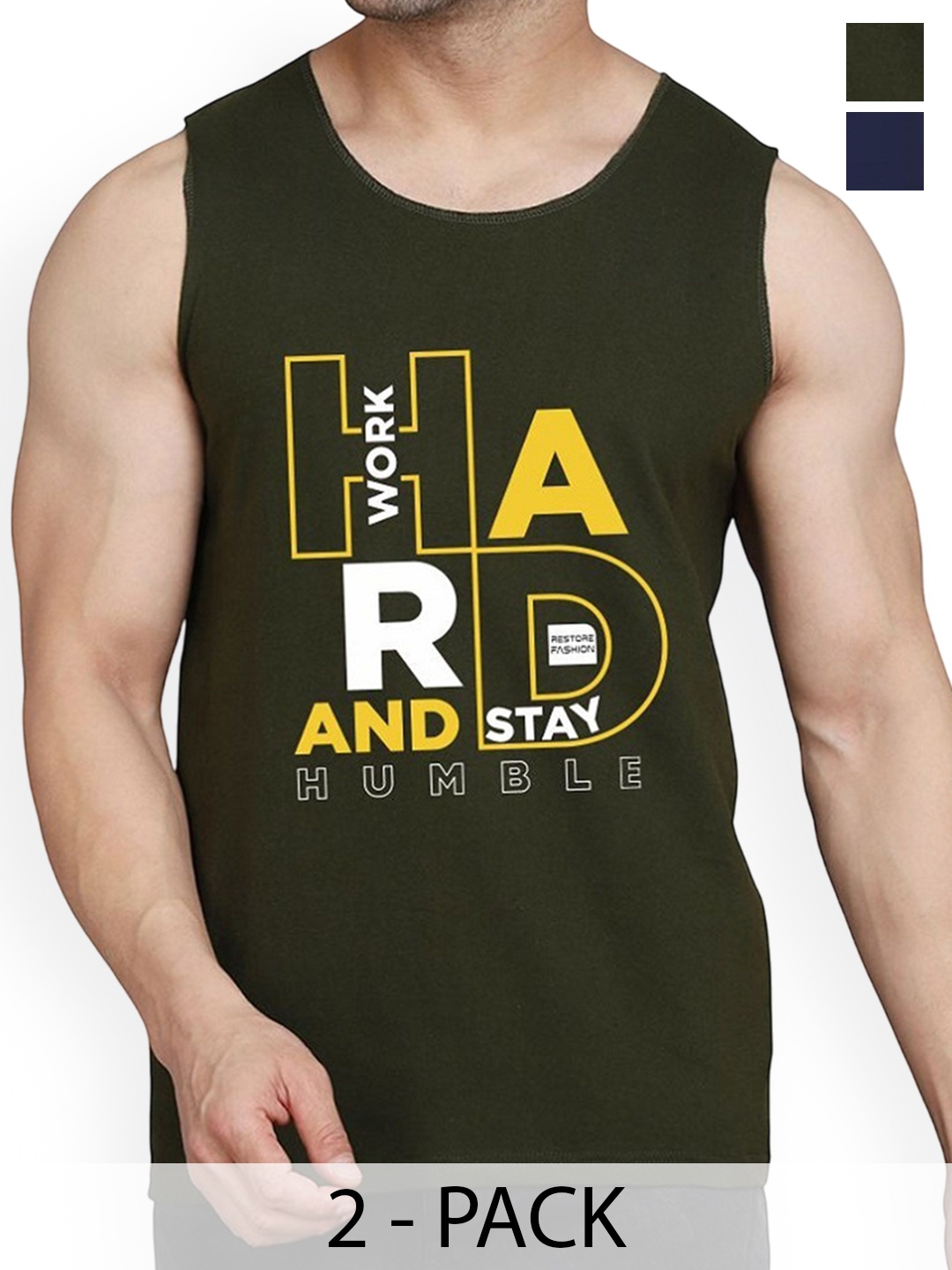 

WOOSTRO Pack Of 2 Printed Cotton Gym Vests RS26 CMB (HARD OLIVE) (HARD NAVY)