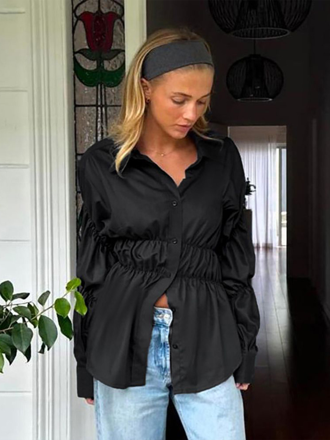 

StyleCast x Revolte Women Regular Fit Cutaway Collar Solid Casual Shirt, Black