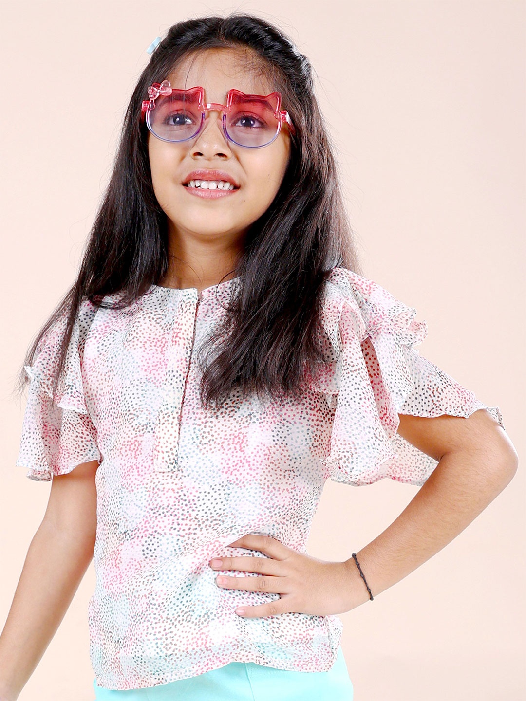 

KiddoPanti Girls Printed Flared Sleeve Top, Pink