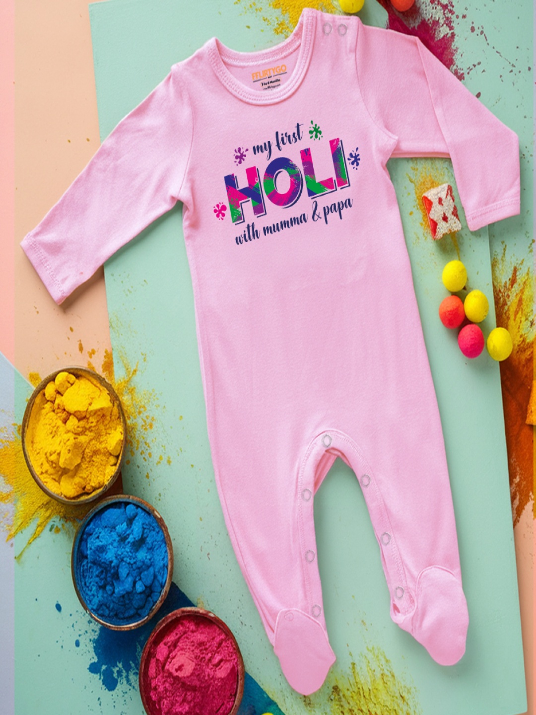 

FFLIRTYGO Infants Holi Printed Cotton Sleepsuit, Pink