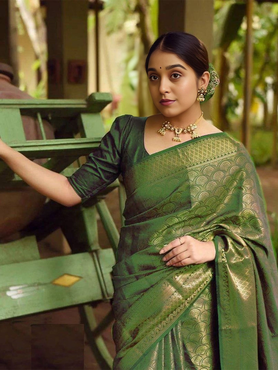 

bansari textiles Woven Design Zari Kanjeevaram Saree, Green