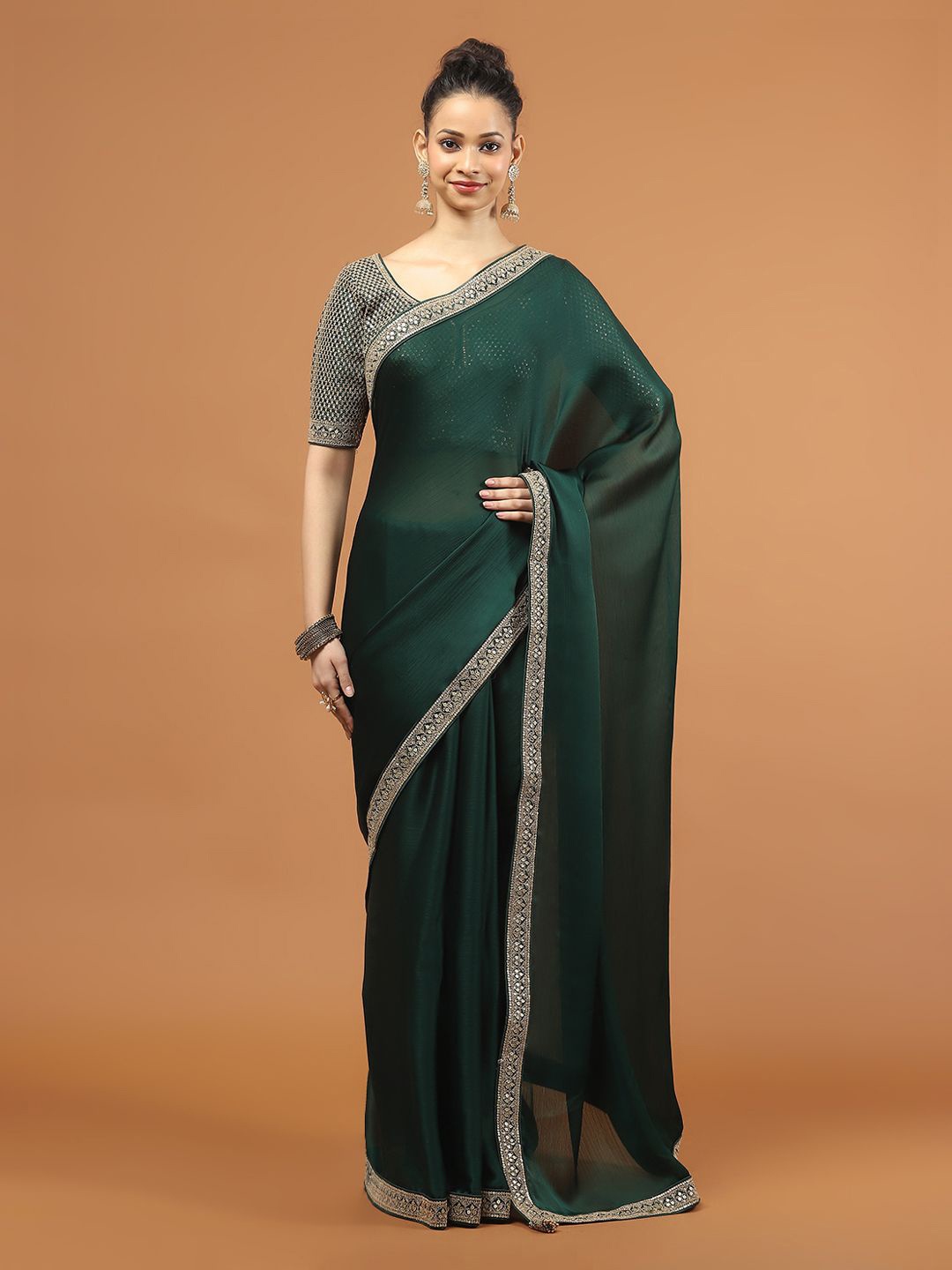 

Meena Bazaar Solid Saree with Blouse Piece, Green