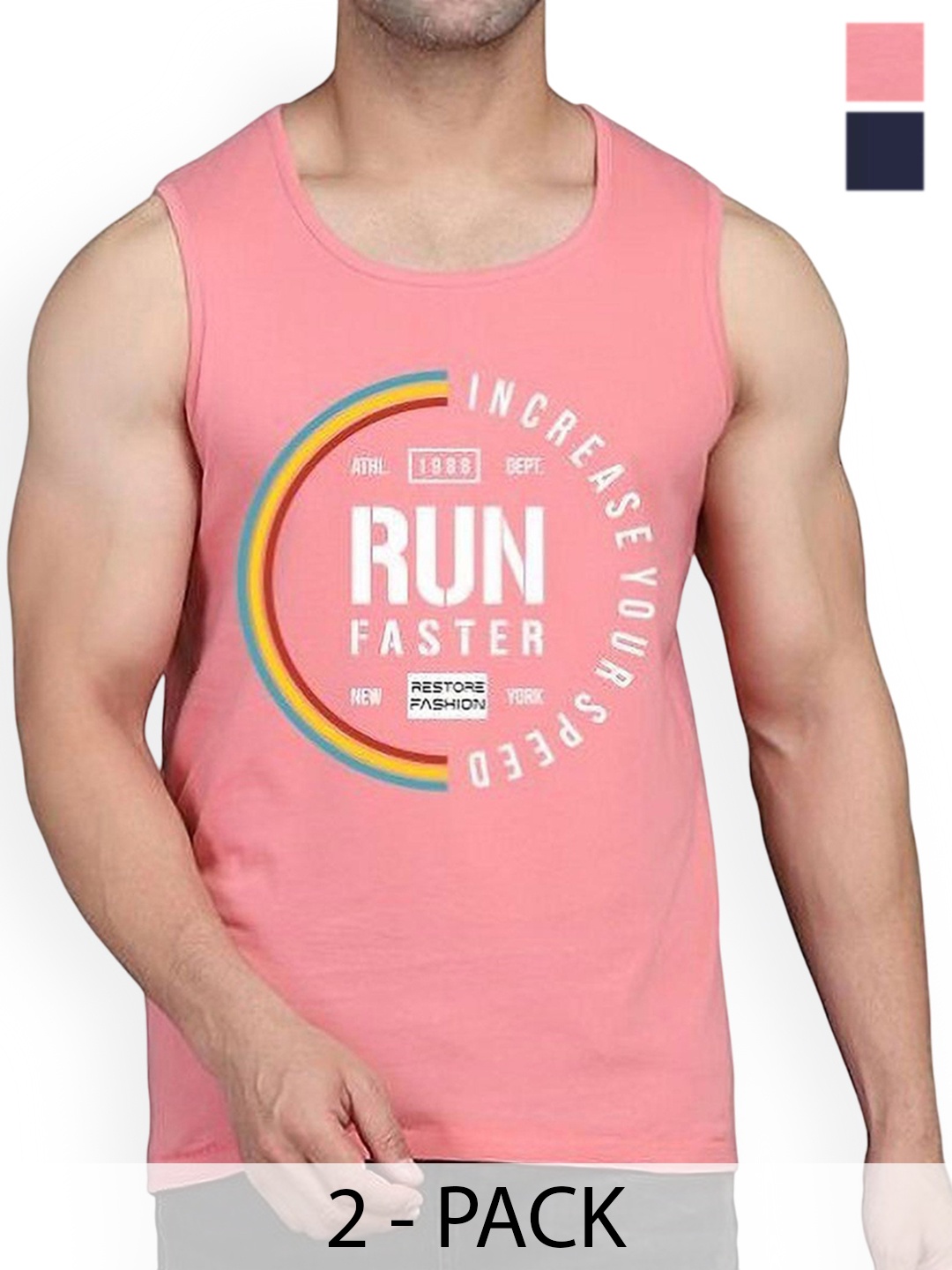 

WOOSTRO Pack Of 2 Printed Combed Cotton Gym Vest RS26 CMB (HARD NAVY) (RUN PEACH), Navy blue