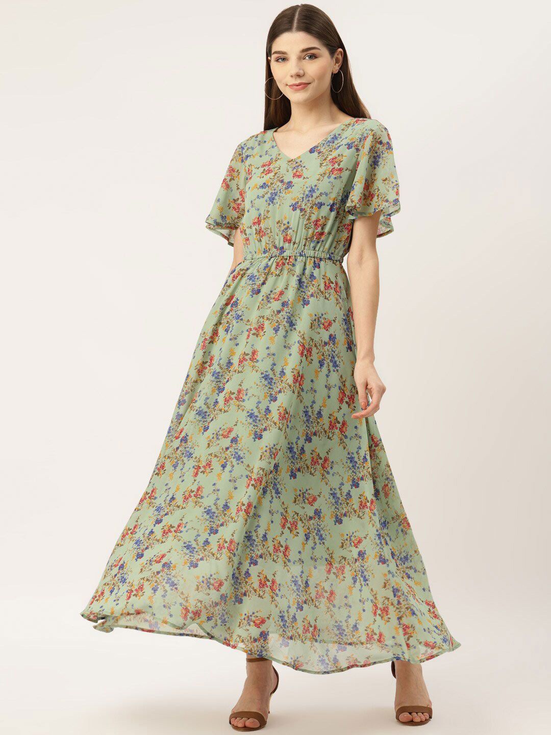 

DressBerry Floral Print Flared Sleeve Georgette Maxi Dress, Green