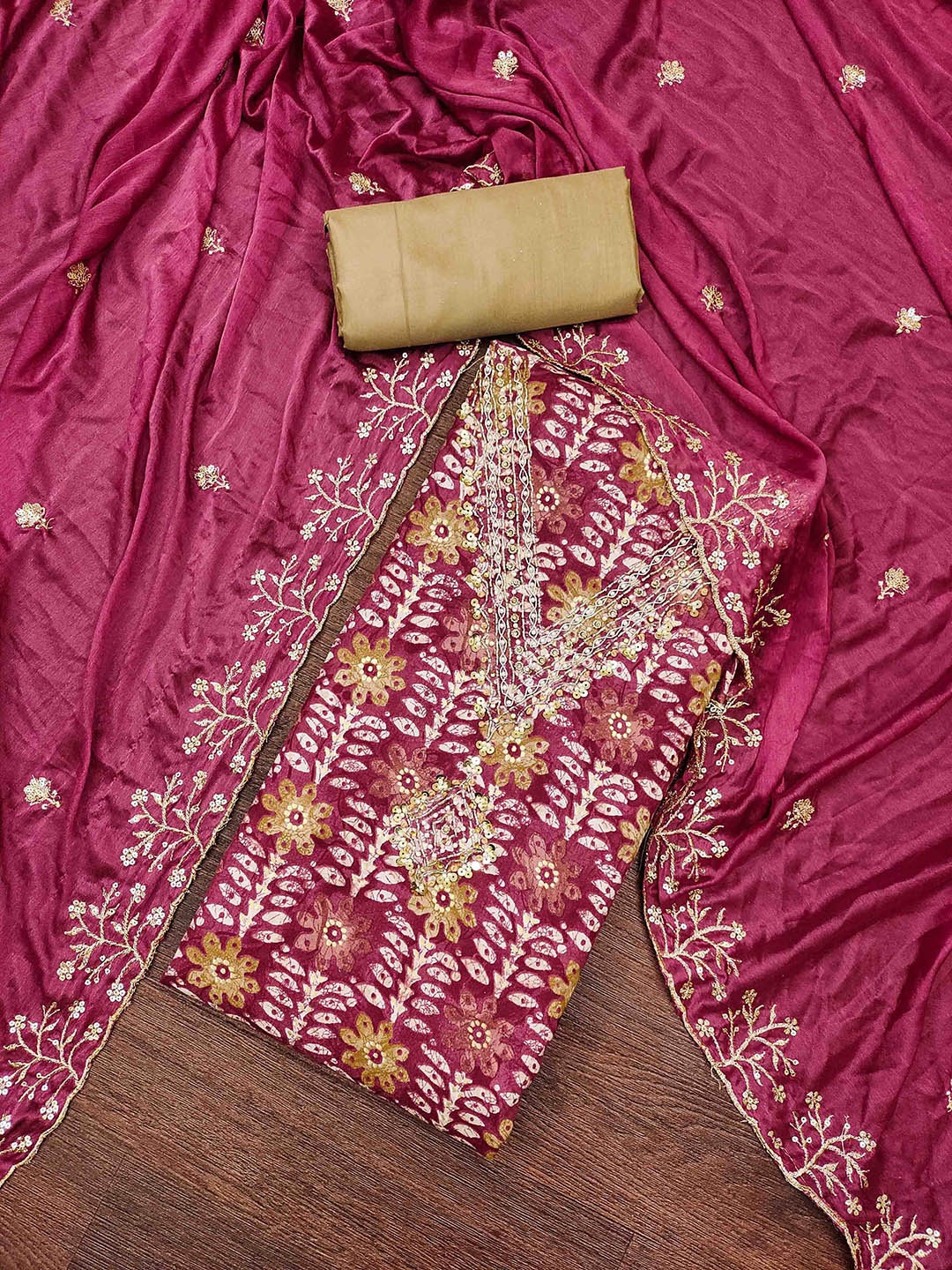 

KIMISHA Floral Printed Beads And Stones Unstitched Dress Material, Magenta