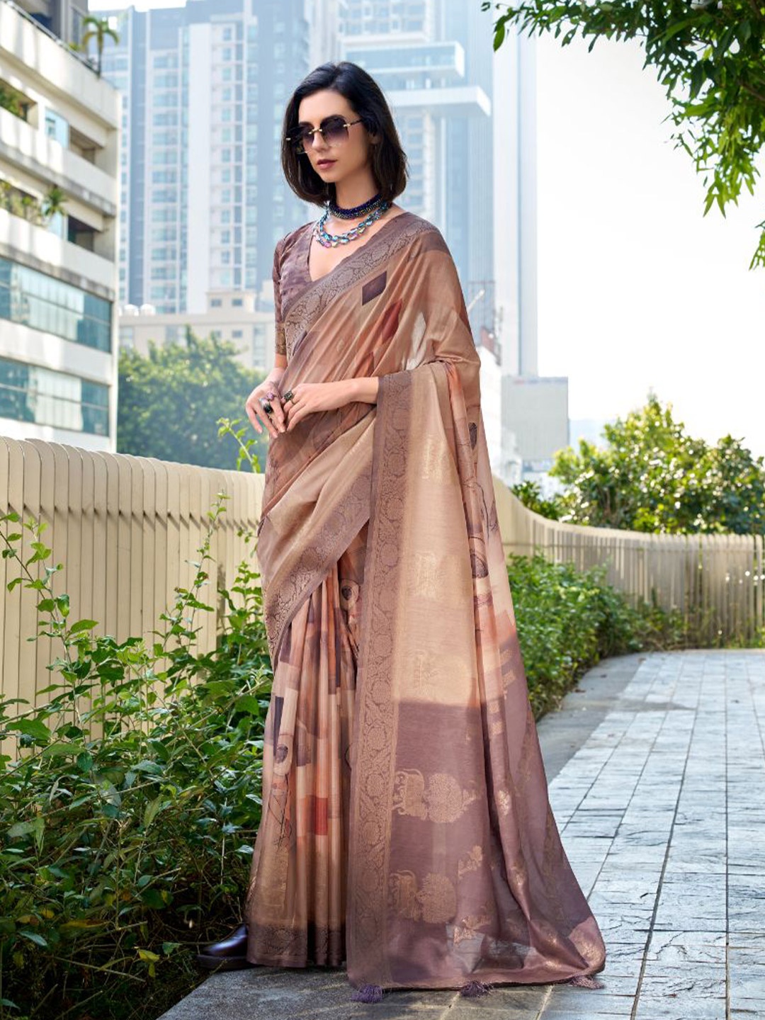 

NK Textiles Zari Block Print Saree, Camel brown